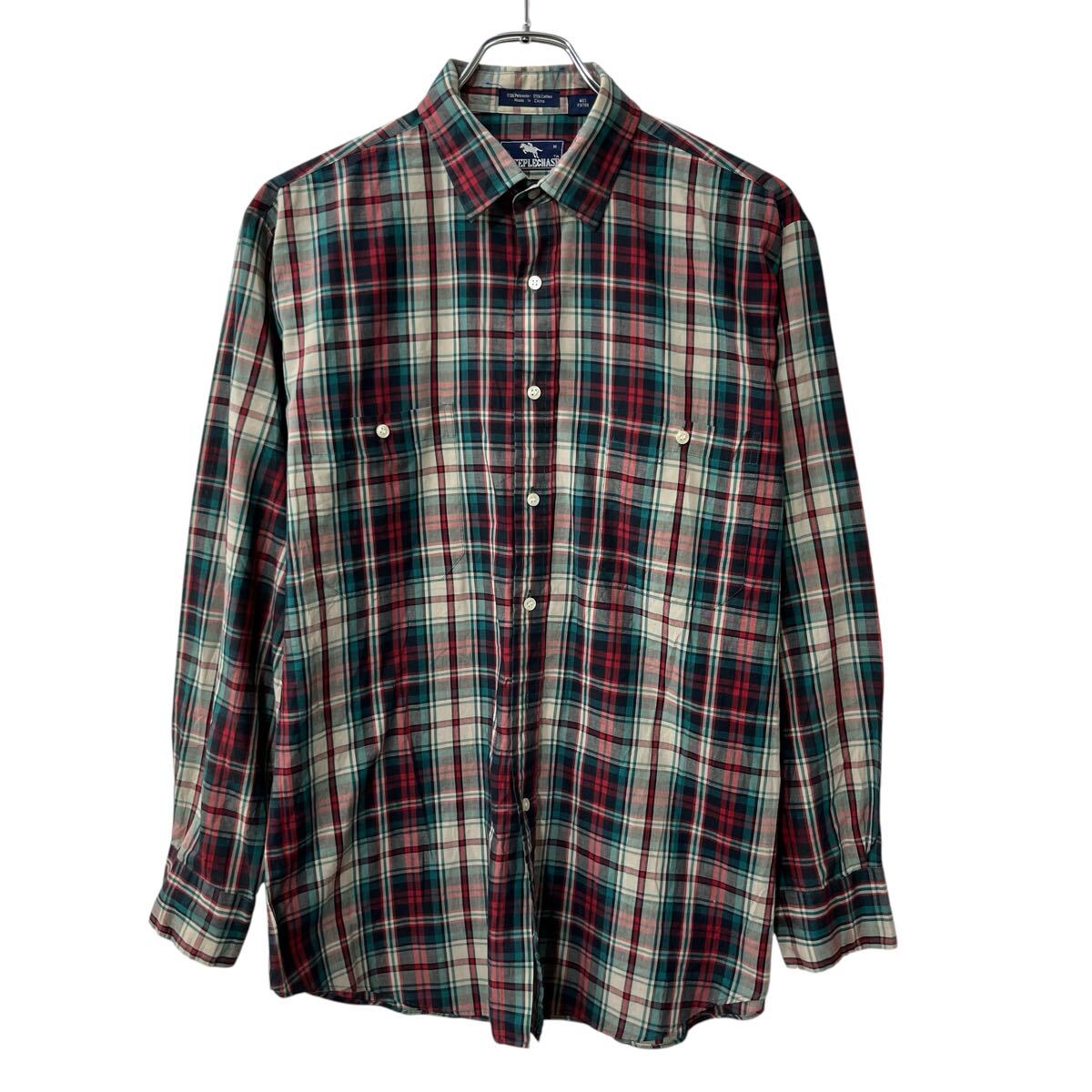 【中古】【古着】 STEEPLECHASE 長袖 チェックシャツ M レッド グリーン スティープルチェイス マドラスチェック 胸ポケット トップス 春物 a710-5528