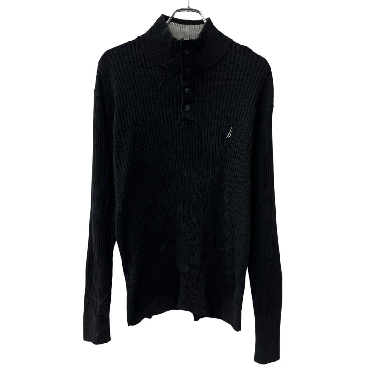 【中古】【古着】 nautica コットンニット セーター XL ブラック ノーティカ ハーフジップ ハーフボタン タートルネック プルオーバー 秋物 a710-5533
