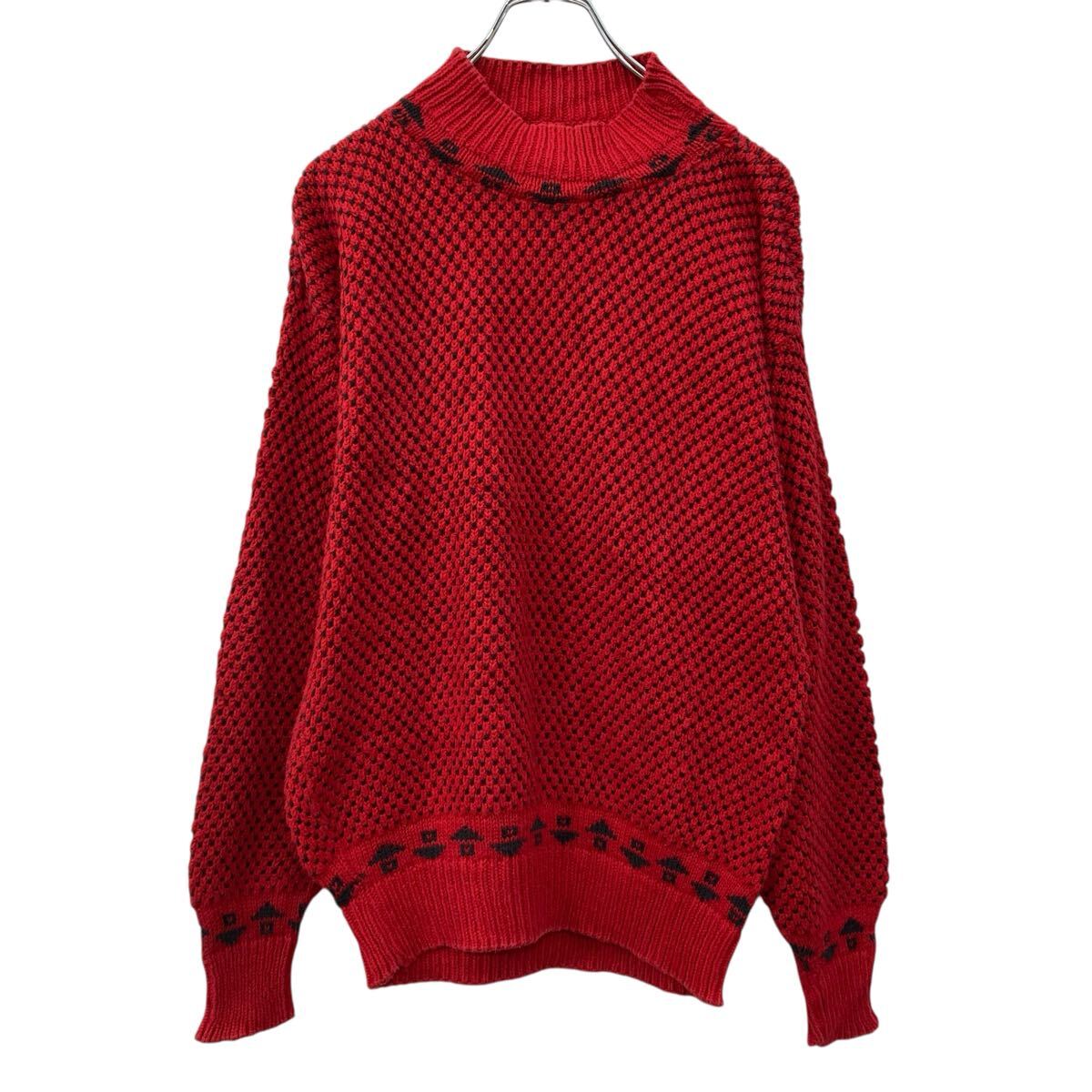 【中古】【古着】 FASHION AVENUE コットンニット セーター M レッド コットン100% アメリカ製 モックネック シンプル 無地セーター 秋物 a710-5555