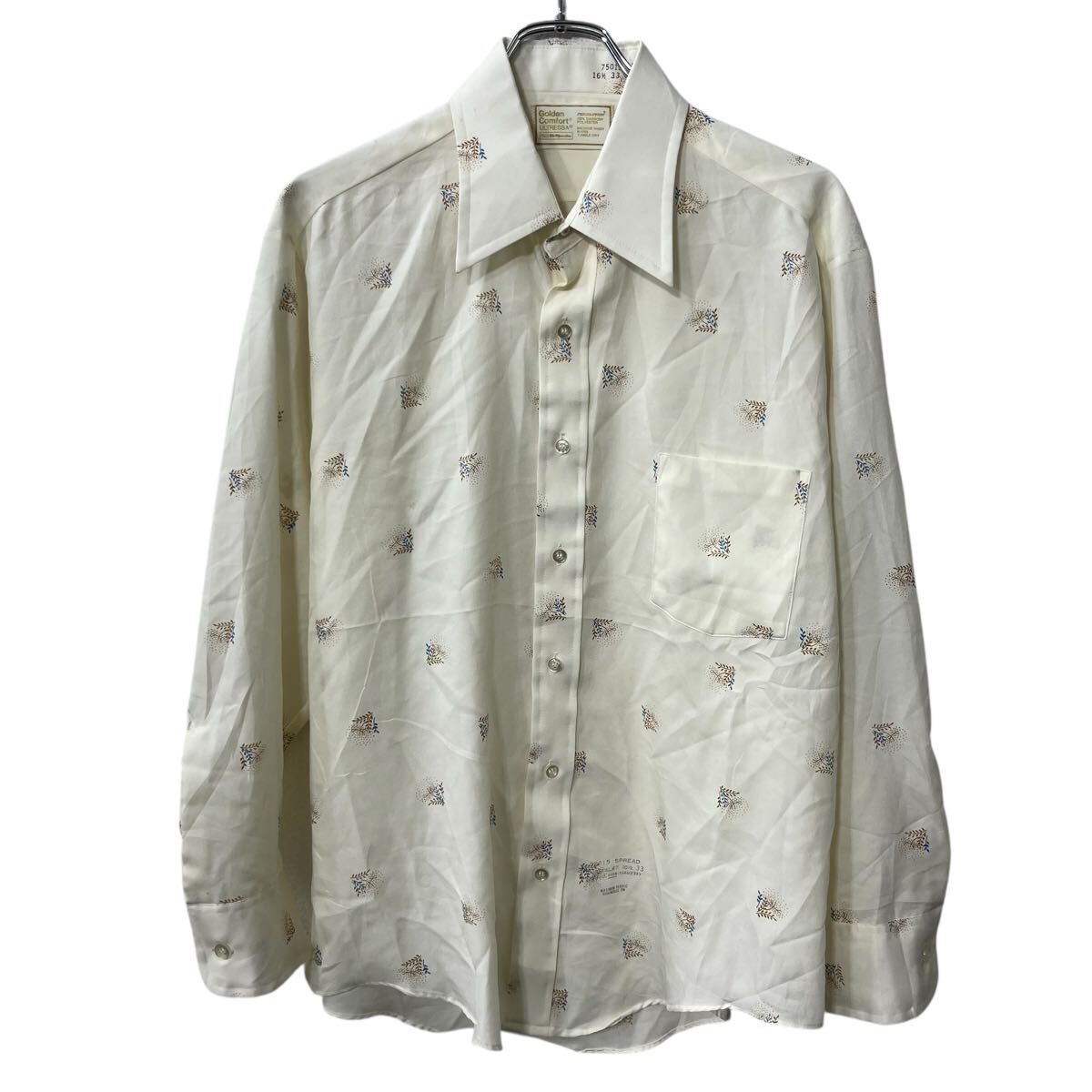 【中古】【古着】 Sears 長袖 柄シャツ L〜 ホワイト系 シアーズ 胸ポケット 長袖シャツ トップス 春物 a710-5579