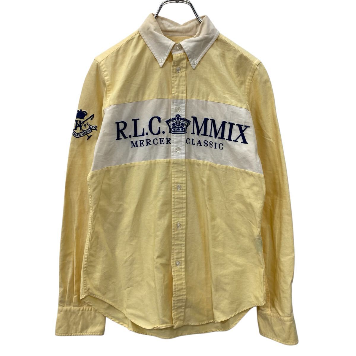 【中古】【古着】 RALPH LAUREM 長袖 無地シャツ S ホワイトイエロー ボタンダウン ボタン 刺繍ロゴ ボーダーシャツ コットン100% 春物 a710-5601