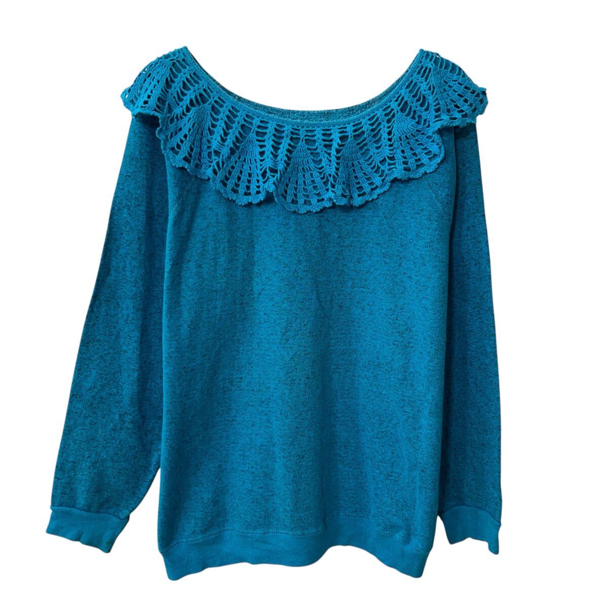 【中古】【古着】 無地スウェット トレーナー L〜 ライトブルー プルオーバー ラグラン フリル カットソー トップス レディース 秋物 a710-5616(4)