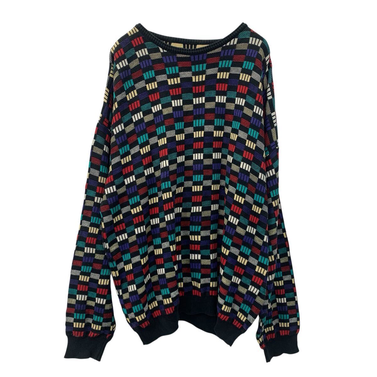 【中古】【古着】 コットンニット セーター L ブラック マルチカラー プルオーバー 3Dニット カラフルニット 秋物 a710-5646