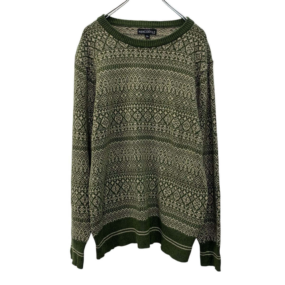 【中古】【古着】 MERCANTILE コットンニット セーター L グリーン モックネック コットン100% 柄セーター 総柄 コットンセーター 秋物 a710-5726