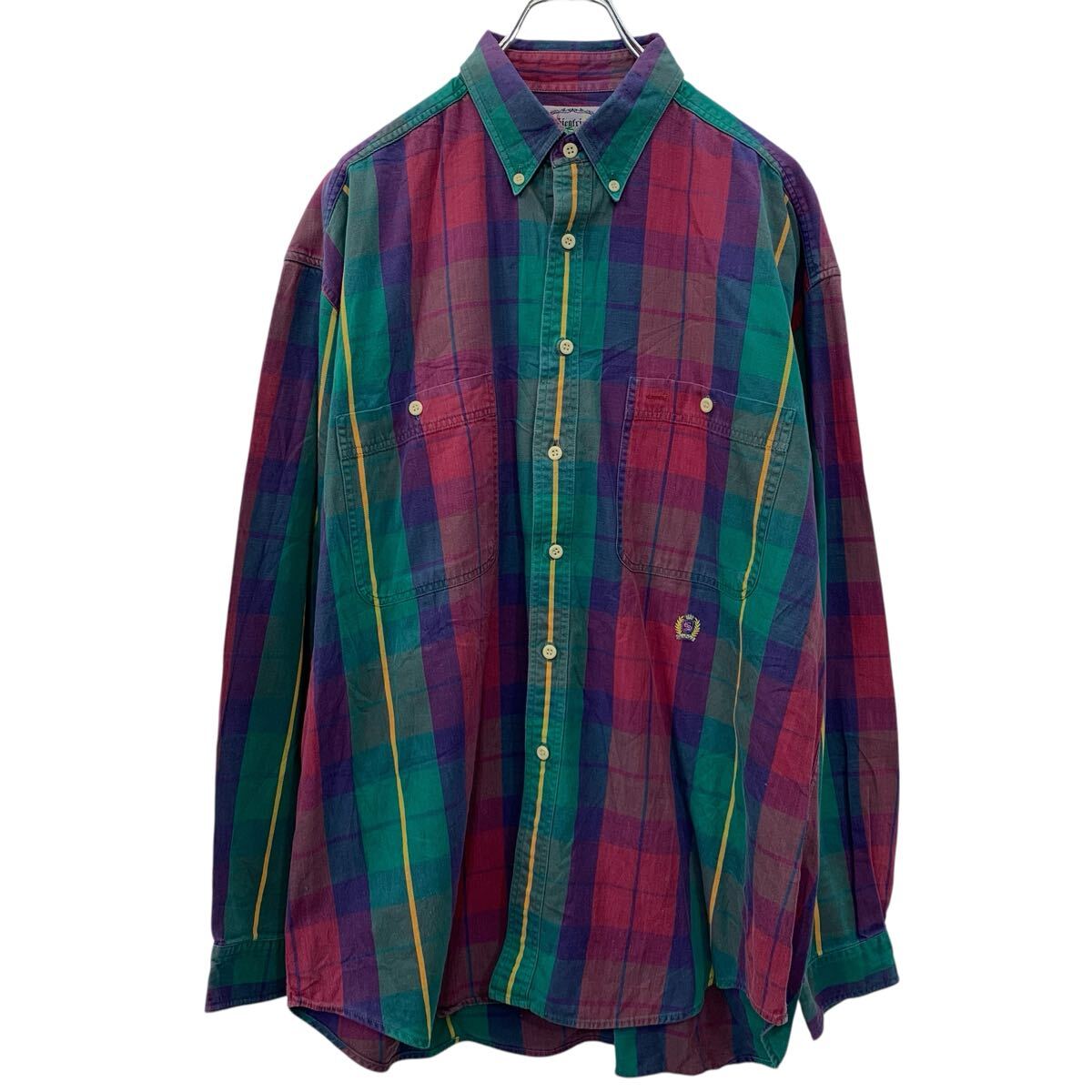 【中古】【古着】 Siegfried 長袖 チェックシャツ L レッド マルチカラー ボタンダウン ボタン 胸ポケット コットン100% カジュアルシャツ 春物 a710-5727