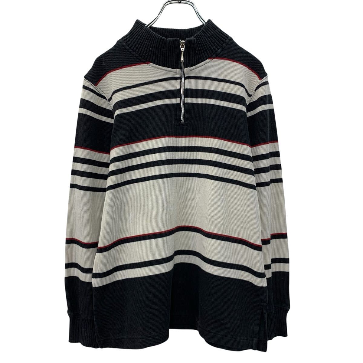 【中古】【古着】 Sarah Bentley コットンニット セーター M ホワイト マルチカラー ハーフジップ ボーダーセーター モックネック 秋物 a710-5733