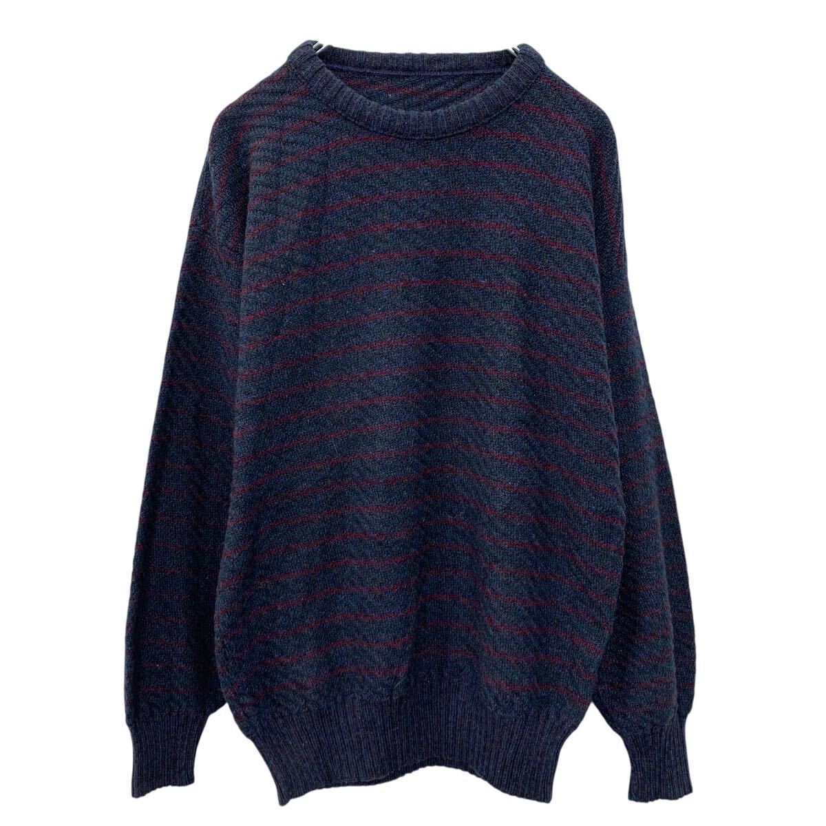 【中古】【古着】 コットンニット セーター M ネイビー マルチカラー プルオーバー モックネック ボーダーセーター シンプル 秋物 a710-5762