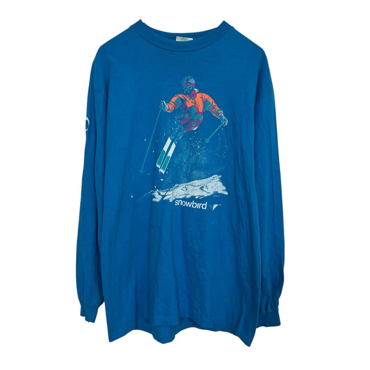 【中古】【古着】 Hanes 長袖 プリントTシャツ L ブルー ヘインズ コットン100% Snowbird ロンT カットソー トップス 春物 a710-5779
