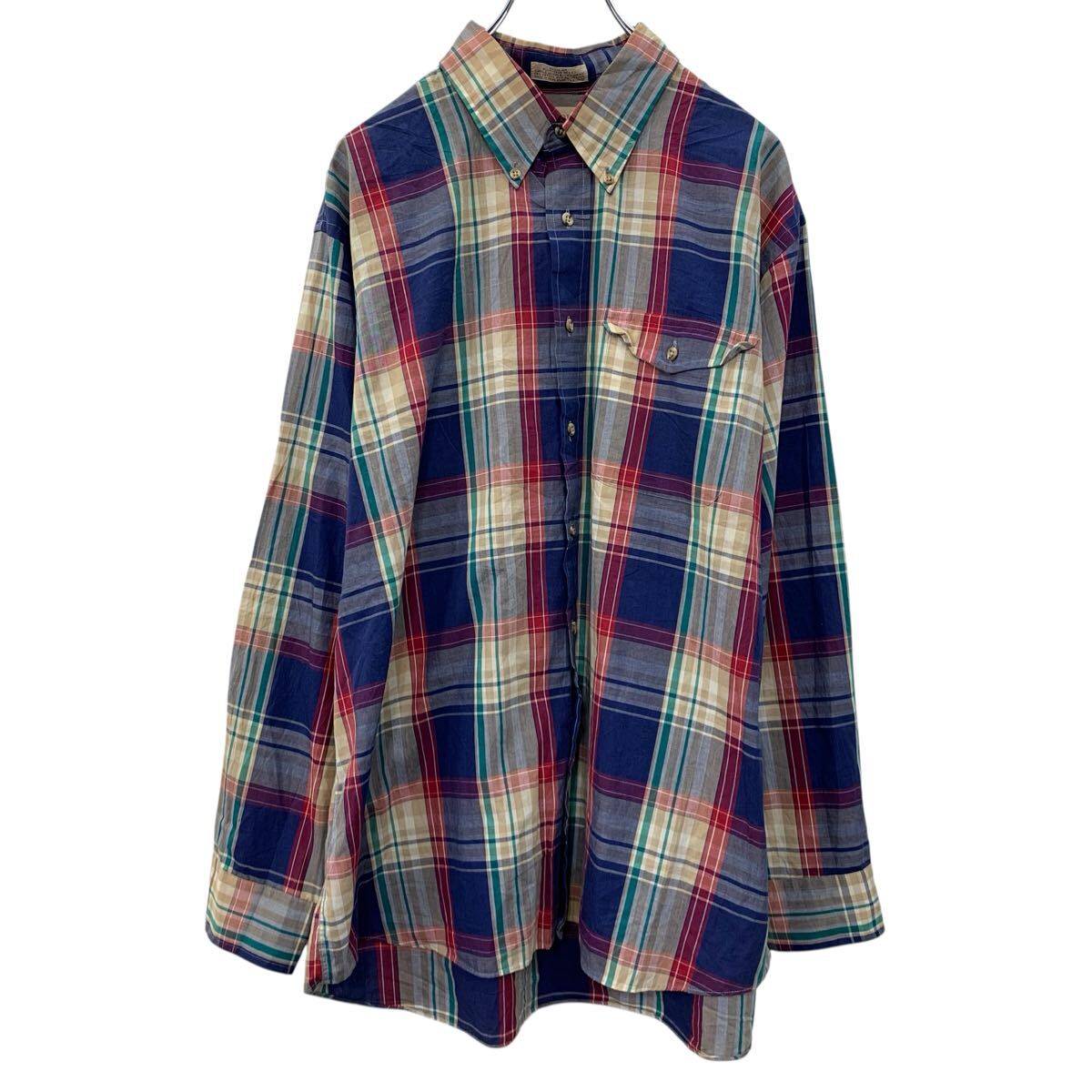 【中古】【古着】 THE FOX COLLECTION 長袖 チェックシャツ XL ブルー マルチカラー ザフオックスコレクション ボタン ボタンダウン 春物 a710-5789