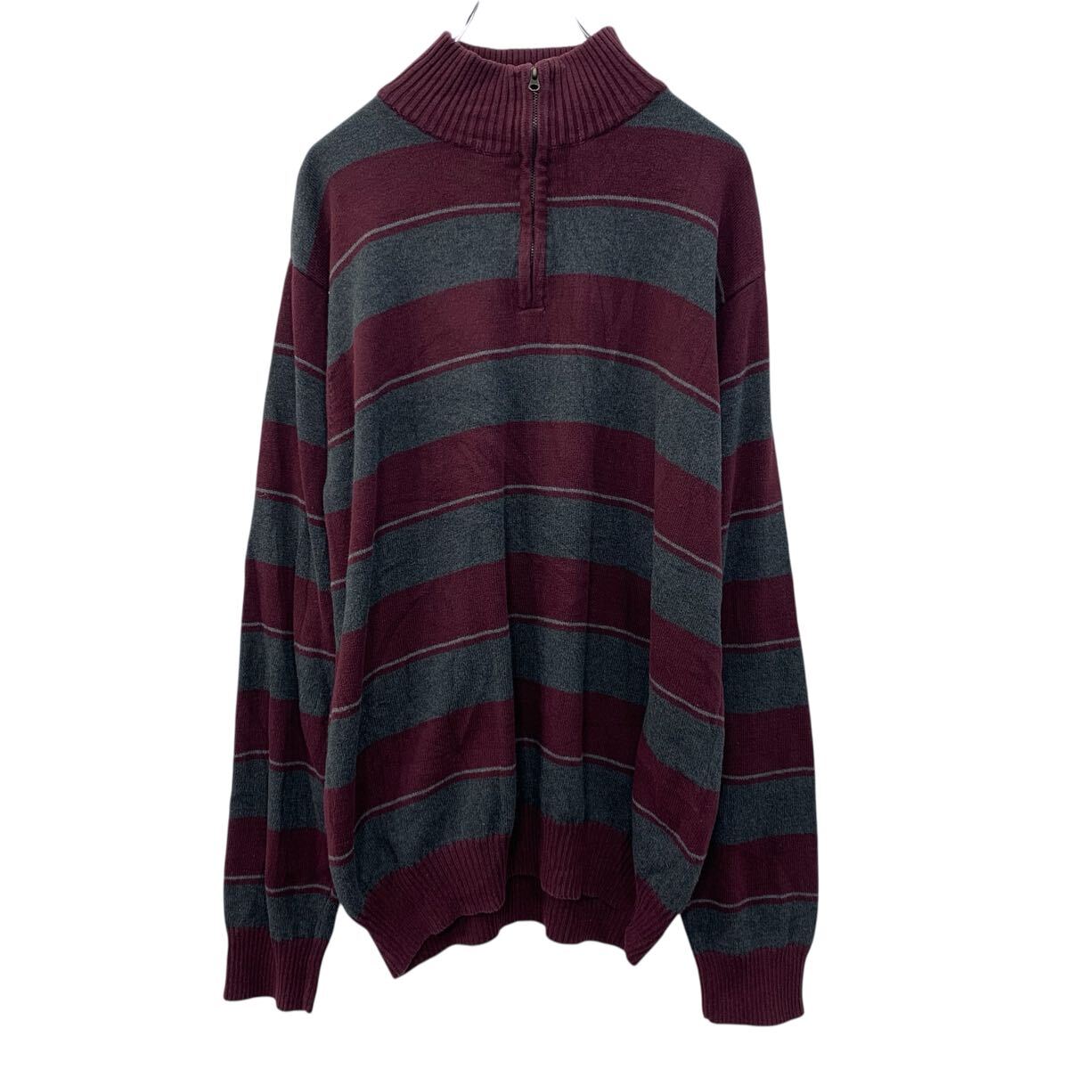 【中古】【古着】 ARROW コットンニット セーター L グレー マルチカラー アロー ハーフジップ ボーダーセーター モックネック コットン100% 秋物 a710-5809