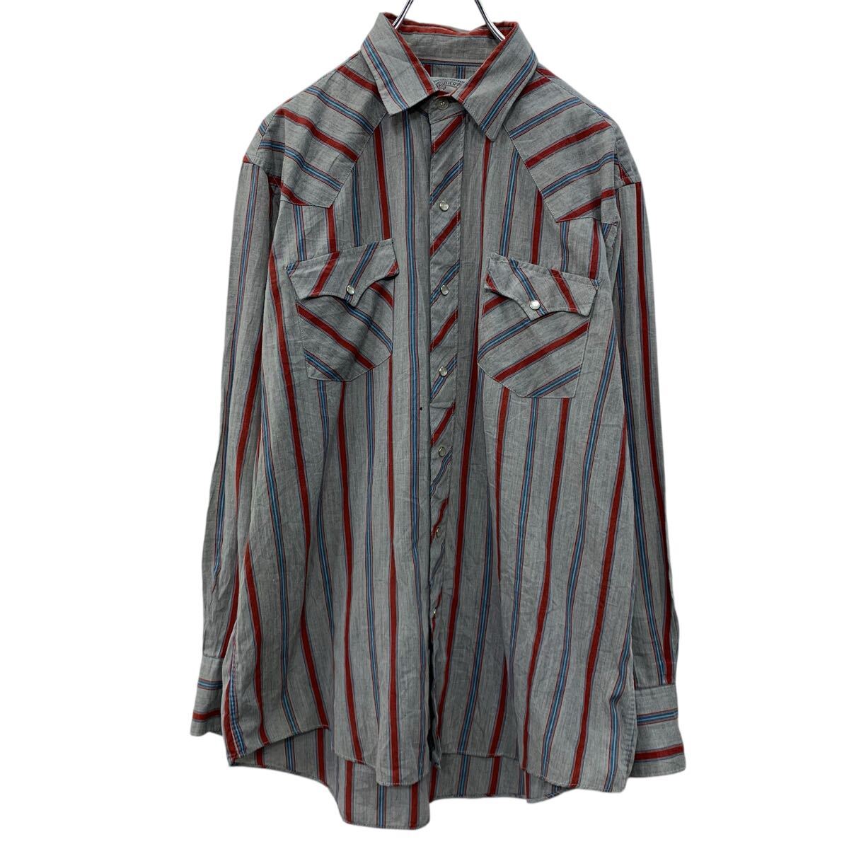 【中古】【古着】 Authentic Western Wear 長袖 ストライプシャツ L グレー マルチカラー スナップボタン 胸ポケット ストライプ柄 春物 a710-5835(4.0)