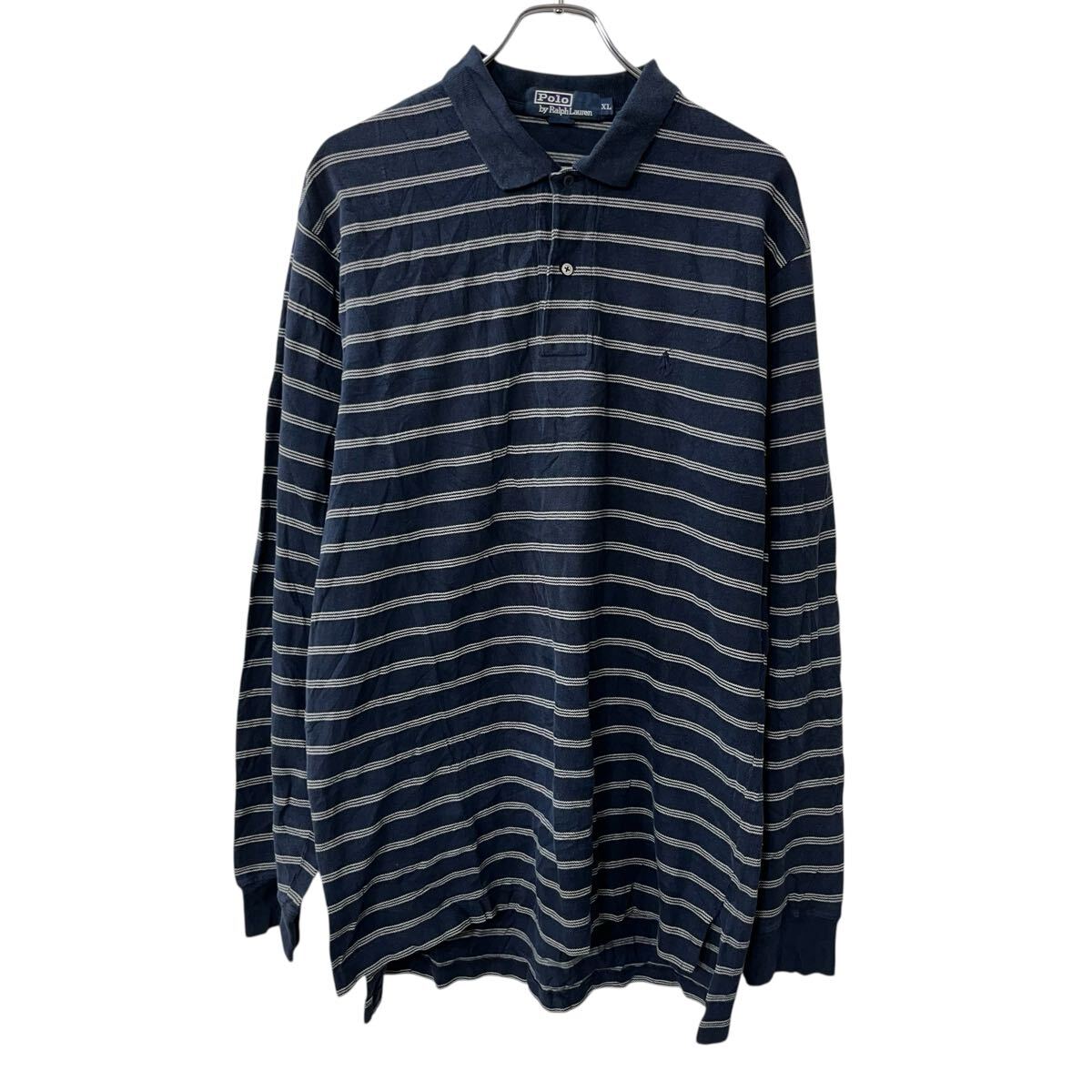 【中古】【古着】 POLO RALPH LAUREN 長袖 ボーダーポロシャツ XL ネイビー ポロラルフローレン ワンポイントロゴ ボダン トップス 春物 a710-5937