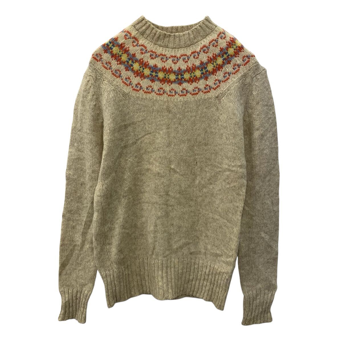 【中古】【古着】 Lady Clansman ウール ニット セーター S アイボリー マルチカラー シェットランドウール100% 柄セーター 総柄 モックネック秋物 a710-5964