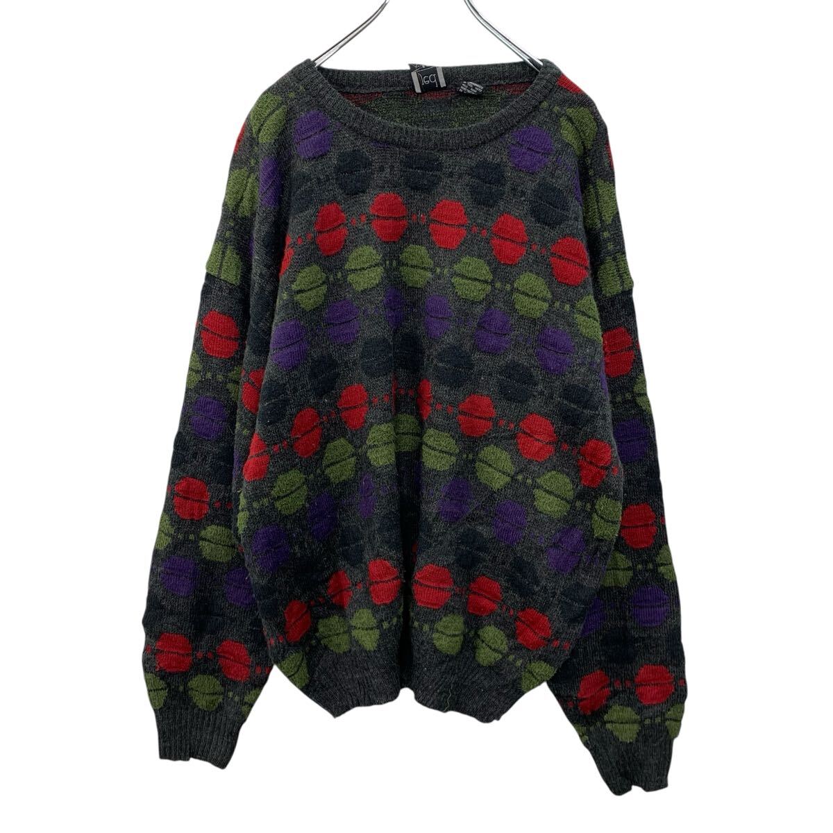 【中古】【古着】 Jed WEAR アクリルニット セーター XL ダークグレー マルチカラー プルオーバー 総柄ニットセーターモックネック 総柄 秋物 a710-5969