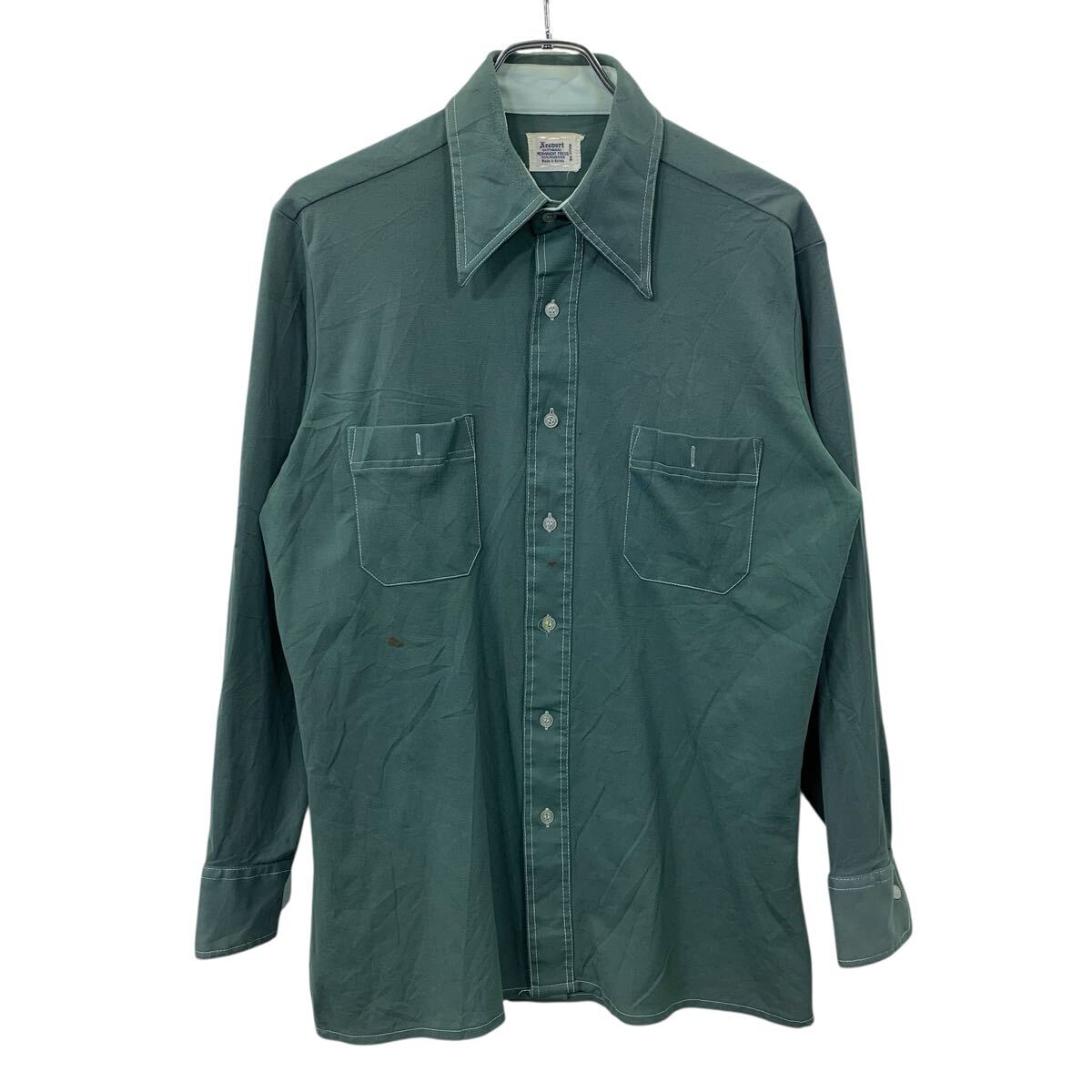 【中古】【古着】 Newport 長袖 無地シャツ 15 2/1 グリーン ニューポート ボタンダウン 胸ポケット ステッチ カジュアルシャツ 春物 a..