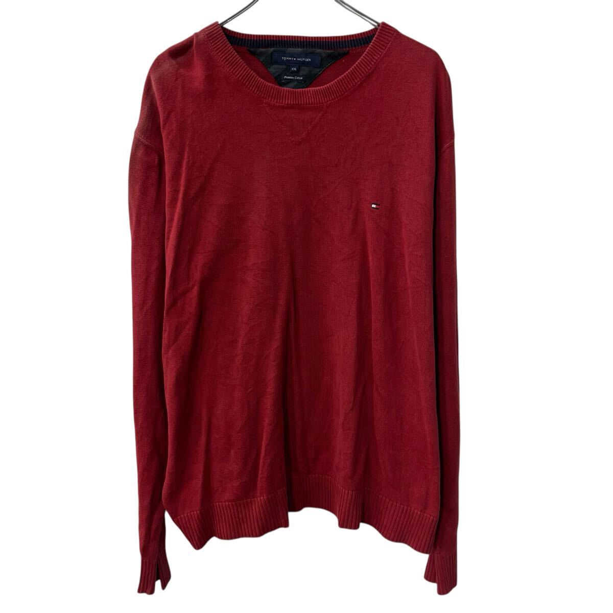 【中古】【古着】 TOMMY HILFIGER コットンニット セーター 2XL レッド系 トミーヒルフィガー コットン100% プルオーバー シンプル 秋..