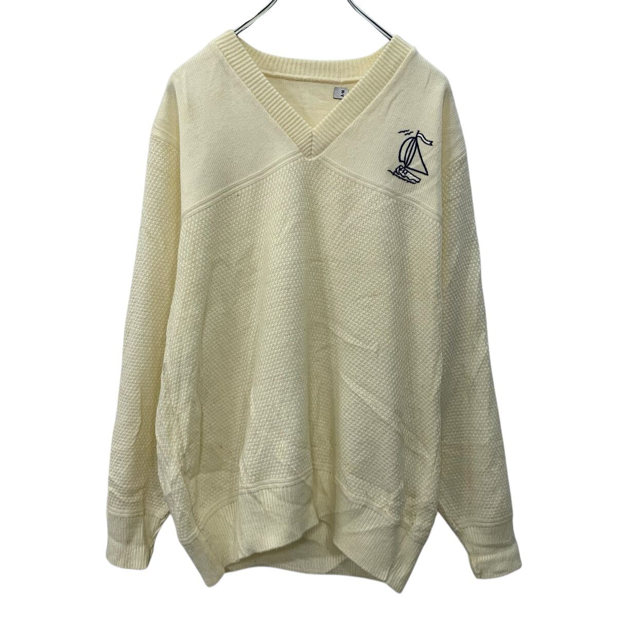 【中古】【古着】 コットンニット セーター M アイボリー プルオーバー 無地セーター シンプル 刺繍ロ..