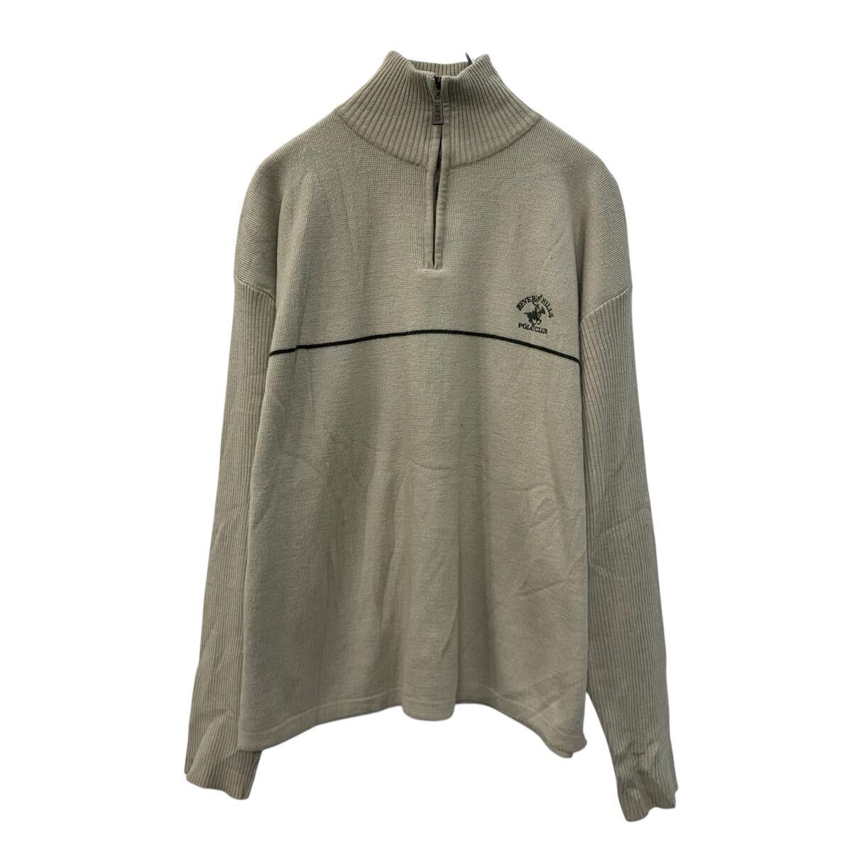 【中古】【古着】 BEVERLY HILLS POLO CLUB コットンニット セーター M ベージュ ビバリーヒルズポロクラブ ハーフジップ 刺繍ロゴ 無地 秋物 a710-6037
