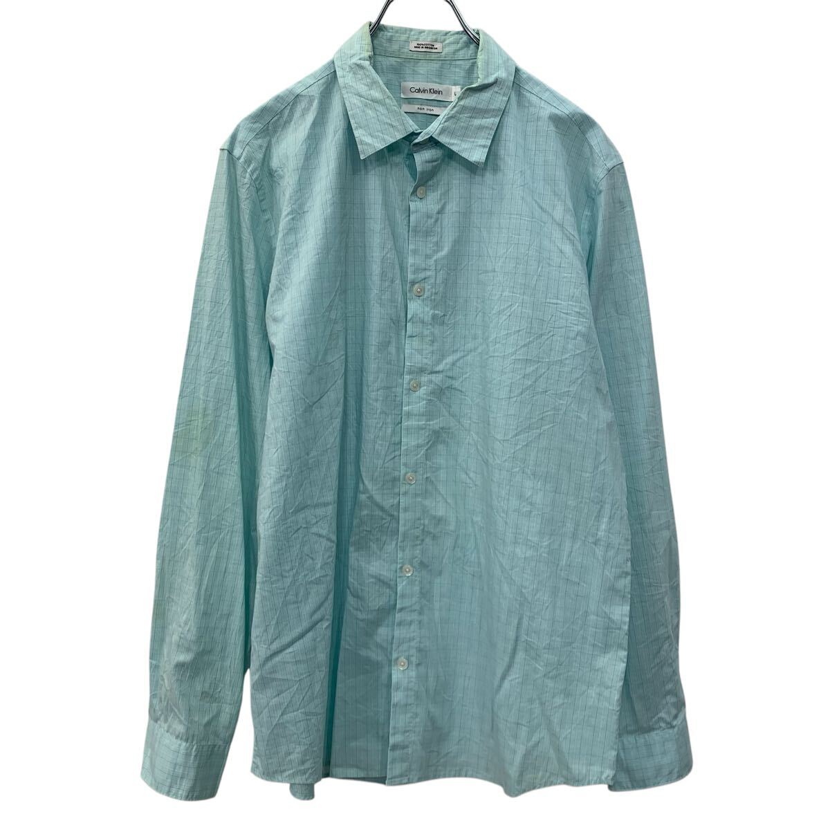 【中古】【古着】 Calvin Klein 長袖 チェックシャツ L ライトブルー マルチカラー カルバンクライ コットン100% ボタン 無地シャツ 春物 a710-6124(4.0)
