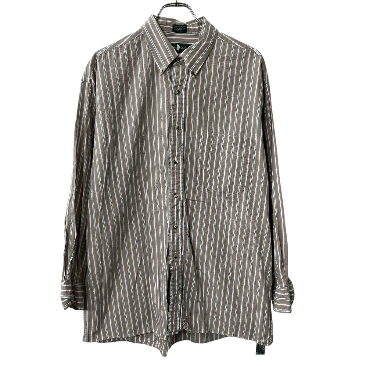 【中古】【古着】 Hunt Club 長袖 ストライプシャツ XL〜 ベージュ系 ボタンダウン...