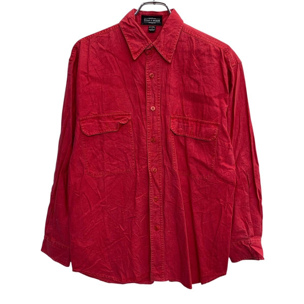 【中古】【古着】 EAGLE&DRAGON 長袖 無地シャツ S レッド イーグルアンドドラゴン ボタンダウン W胸ポケット リネンコットン混合 秋物 a710-6147