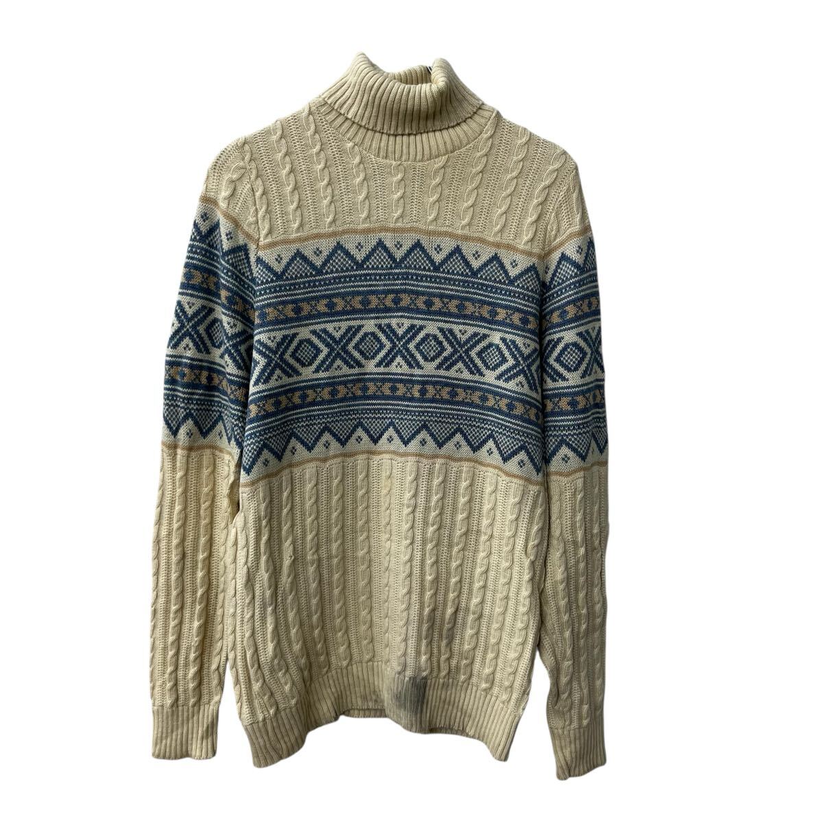 【中古】【古着】 TUNDRA ウールニット セーター L アイボリー ライトブルー ウール ノルディック柄 ケーブルニット タートルネック 秋..