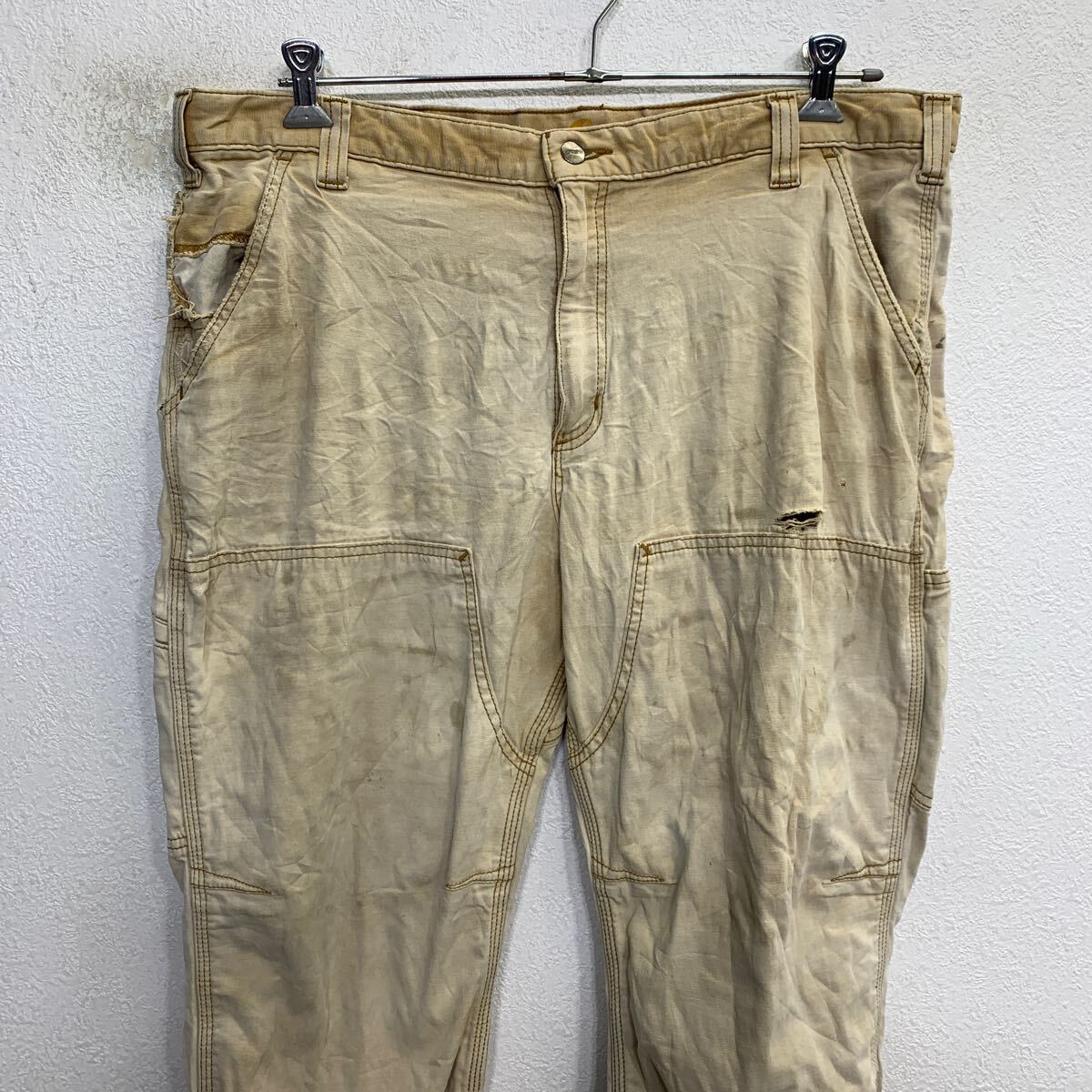 【中古】【古着】 Carhartt デニムパンツ W40 カーキ カーハート ジップアップ ニカラグア製 ダブルニー リラックスフィット ワークパンツ 2510-436