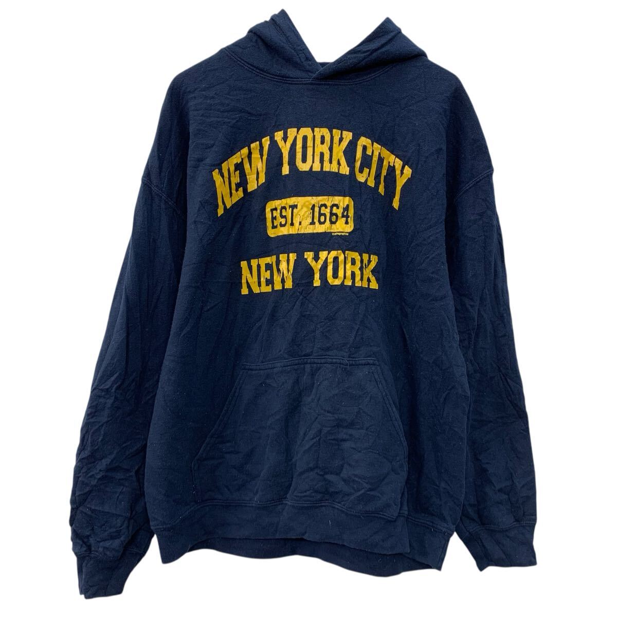 【中古】【古着】 GILDAN プリントスウェット パーカー L ネイビー イエロー ギルダン プルオーバー フーディー ビックプリント 裏起毛..