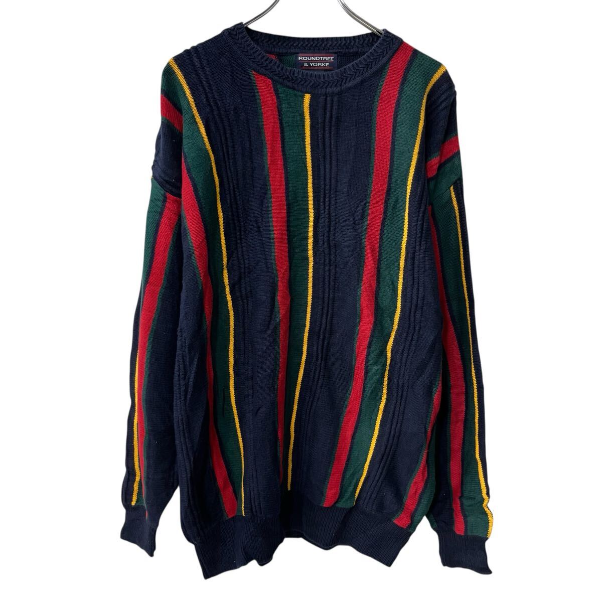 Rakuten - 【中古】【古着】 ROUNDTREE & YORKE コットンニット セーター XL ネイビー マルチカラー ストライプ コットン100% プルオーバー 秋物 a710-6411