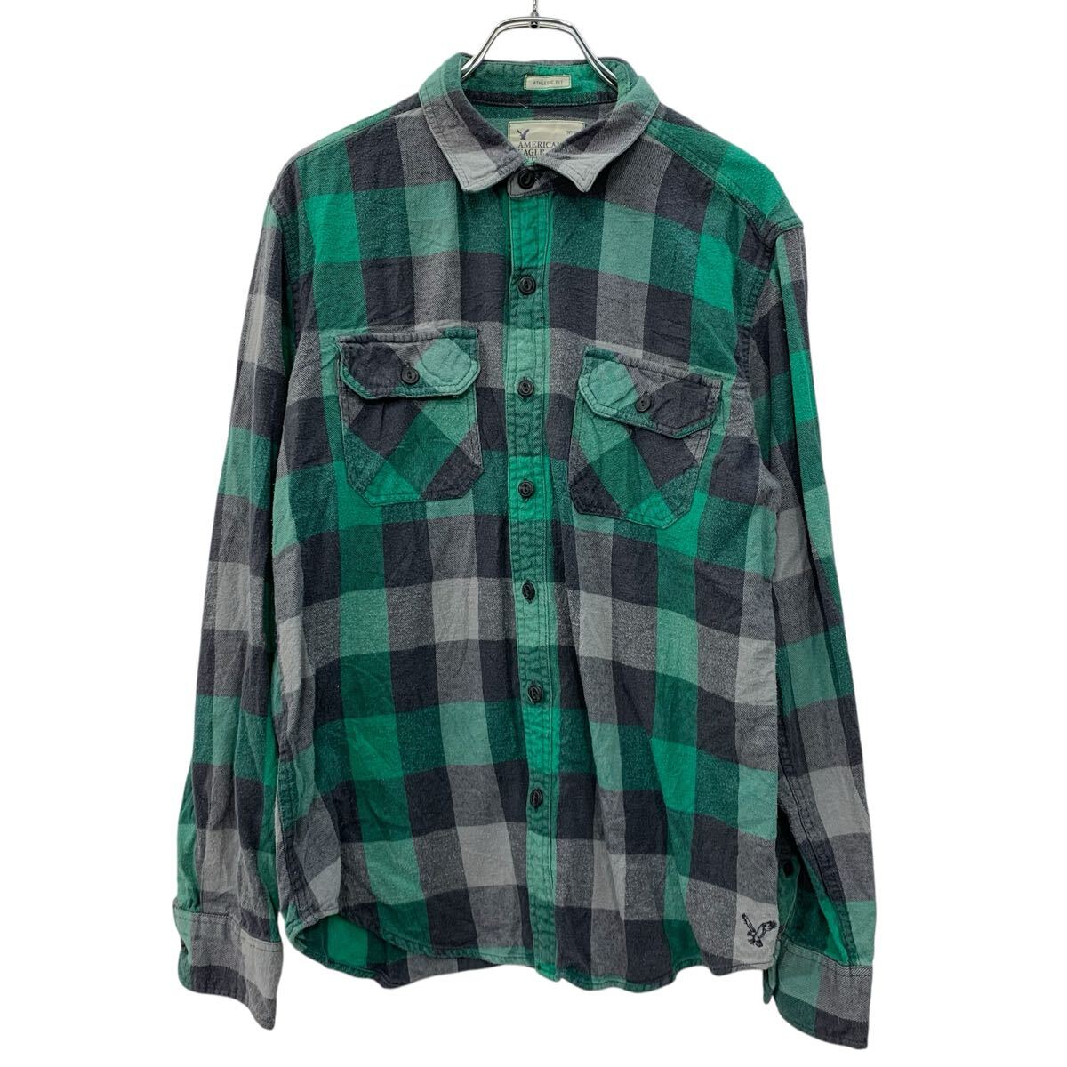 【中古】【古着】 AMERICAN EAGIE OUTFITTERS 長袖 チェックシャツ L グリーン ブラック アメリカンイーグル ボタン 胸ポケット 刺繍ロゴ 春物 a710-6444