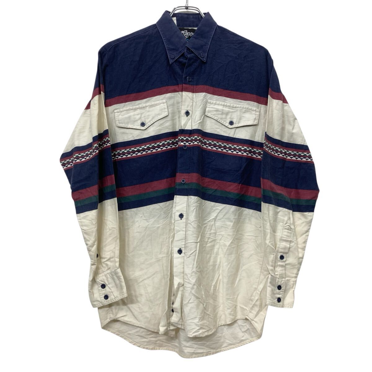 【中古】【古着】 Roper 長袖 ボーダーシャツ M ネイビー・クリームなど ローパー 90s 90年代 USA製 アメリカ製 ボタンダウン 春物 秋物 a710-6492