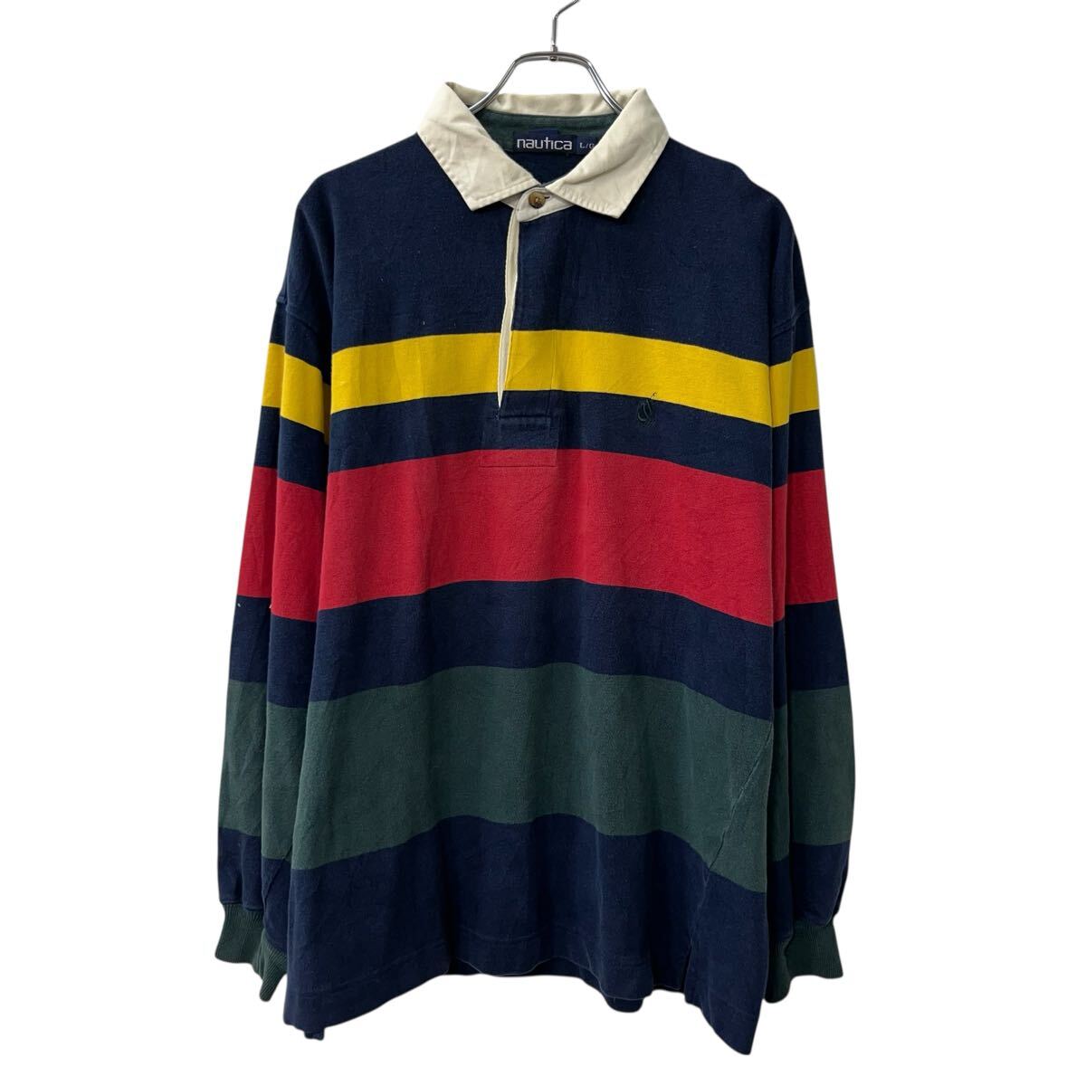 【中古】【古着】 nautica 長袖 ボーダーポロシャツ L ネイビー マルチカラー ノーティカ プルオーバー 秋物 a710-6506