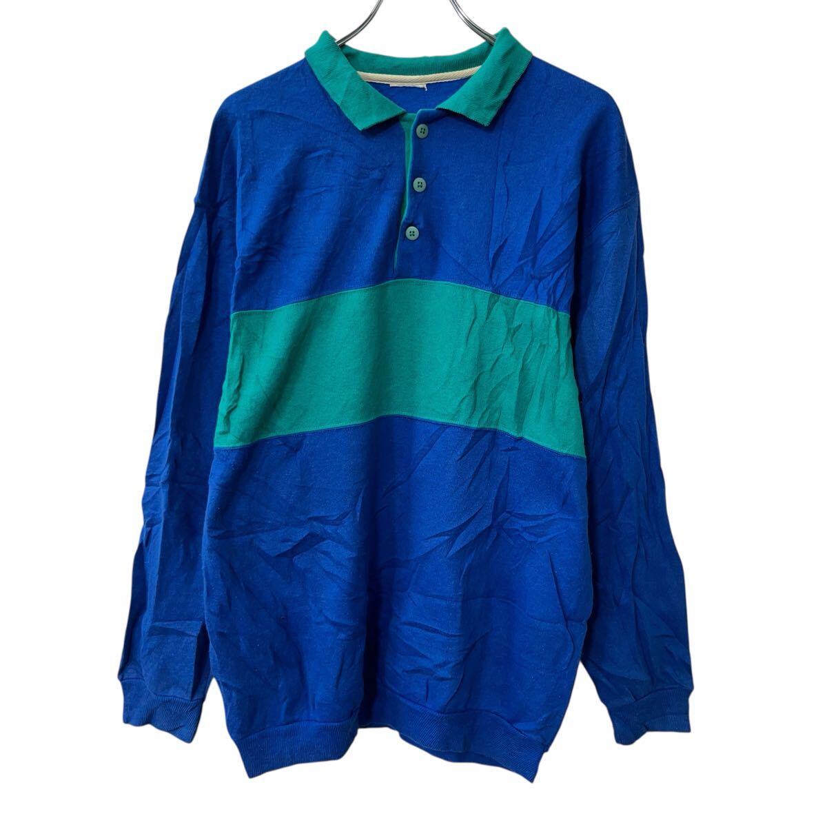 【中古】【古着】 長袖 ボーダーポロシャツ XL～ ブルー グリーン プルオーバー ボダン 秋物 a710-6508