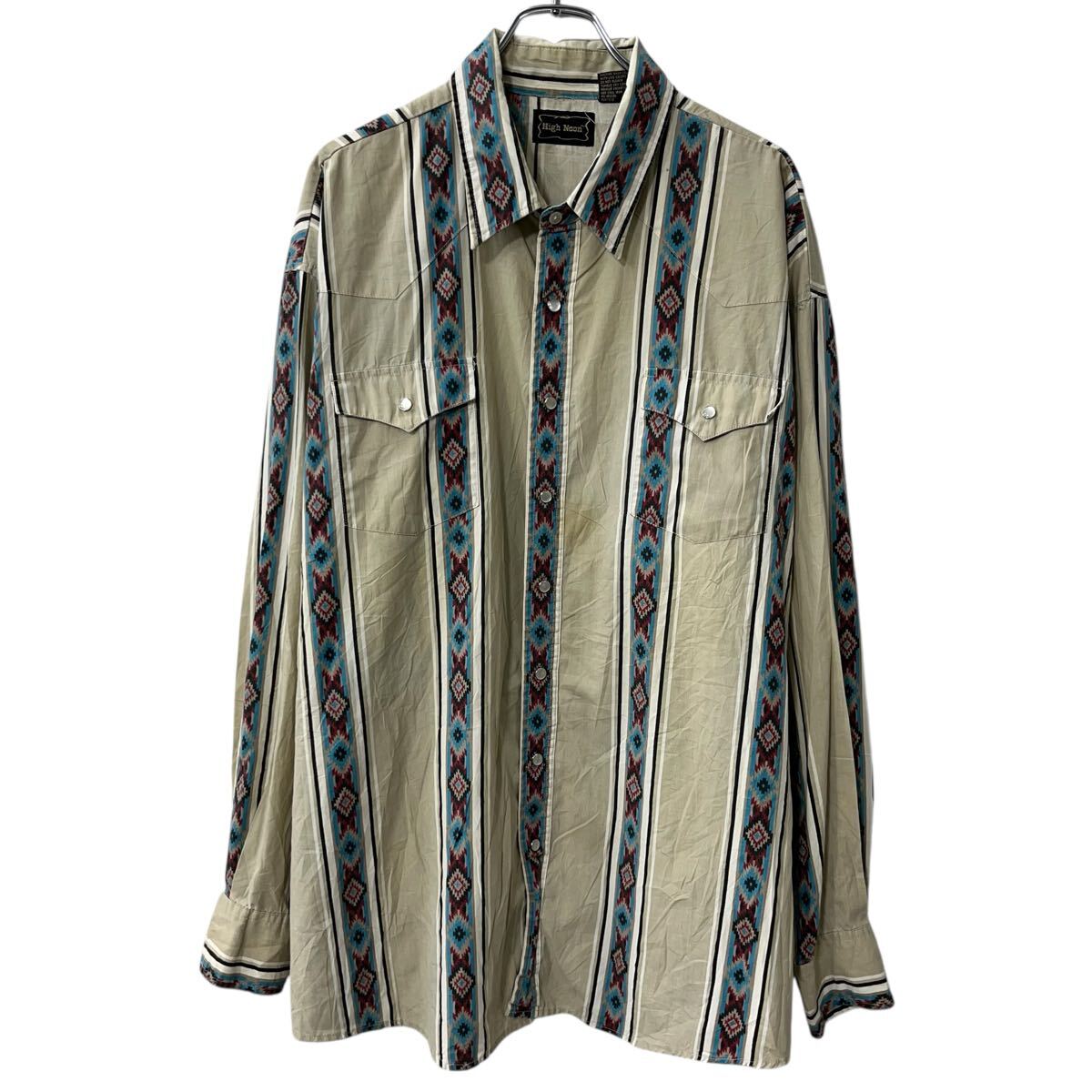 【中古】【古着】 High Noon 長袖 ストライプシャツ 3XL ベージュマルチカラー チマヨ柄 スナップボダン 胸ポケット ビッグサイズ トップス 春物 a710-6535