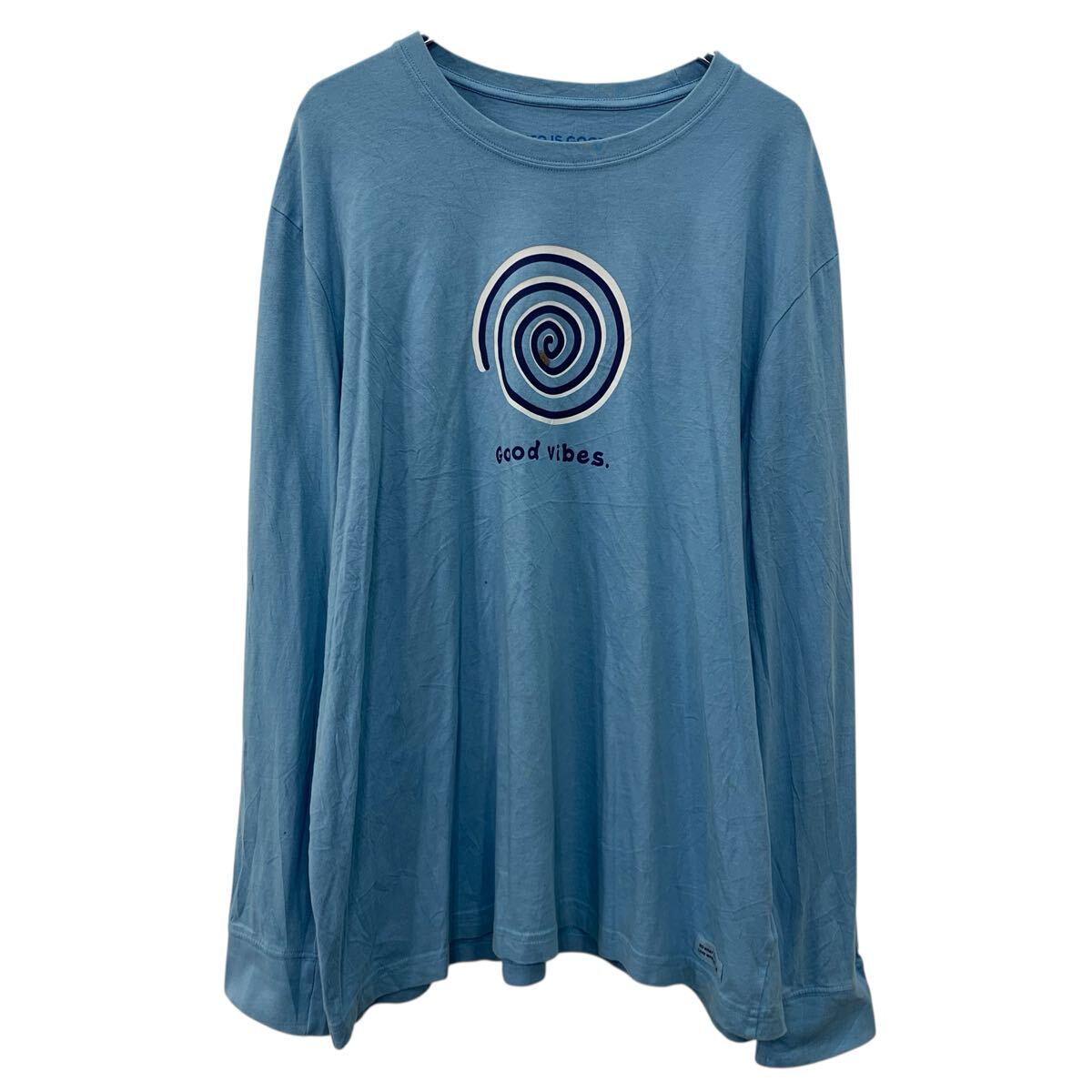 【中古】【古着】 LIFE IS GOOD 長袖 プリントTシャツ XL ライトブルー ライフイズグッド ビッグプリント 無地Tシャツ 長袖Tシャツ ロンT 春物 a710-6571