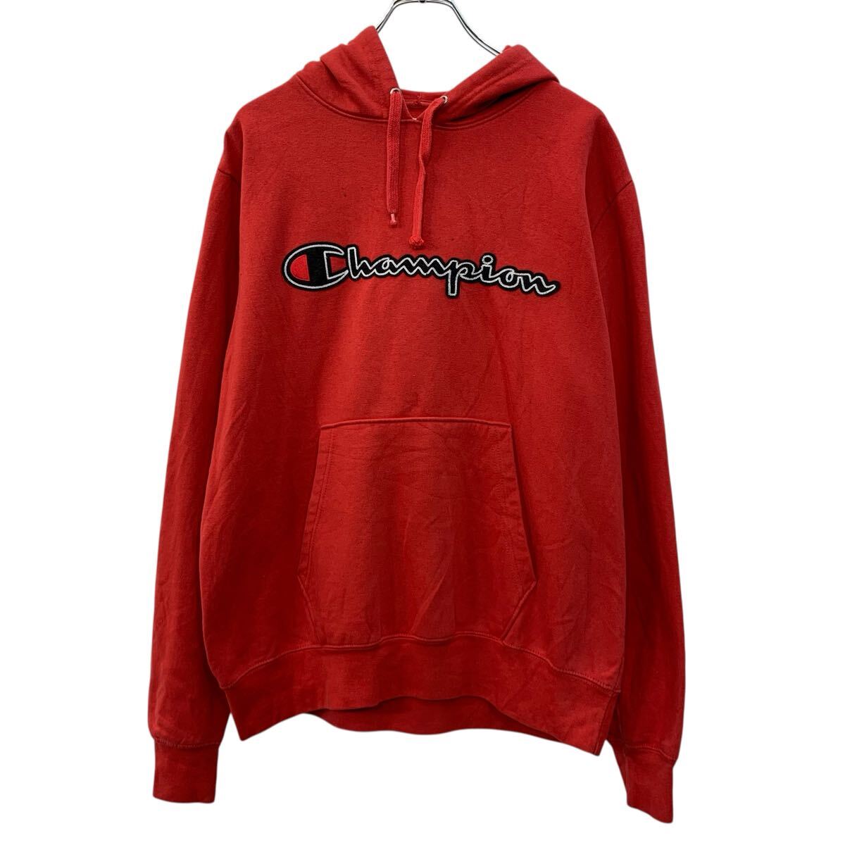 【中古】【古着】 Champion ロゴスウェット パーカー L レッド チャンピオン プルオーバー ビッグロゴ 裏起毛 シンプル フーディー 無地 秋物 a710-6581