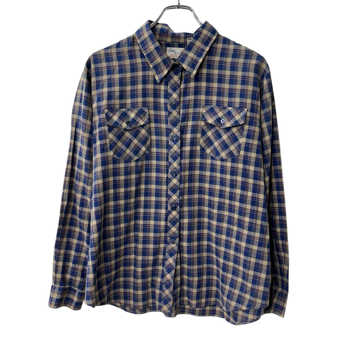 【中古】【古着】 Amy Barr 長袖 チェックシャツ L〜 ネイビー ベージュ マルチカラー 胸ポケット 長袖シャツ トップス 春物 a710-6710