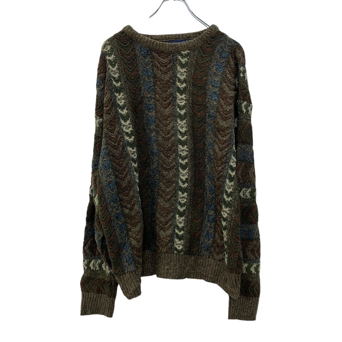 【中古】【古着】 Northern Isles コットンニット セーター L ブラウン マルチカラー プルオーバー モックネック アメリカ製 総柄ニット 秋物 a710-6766