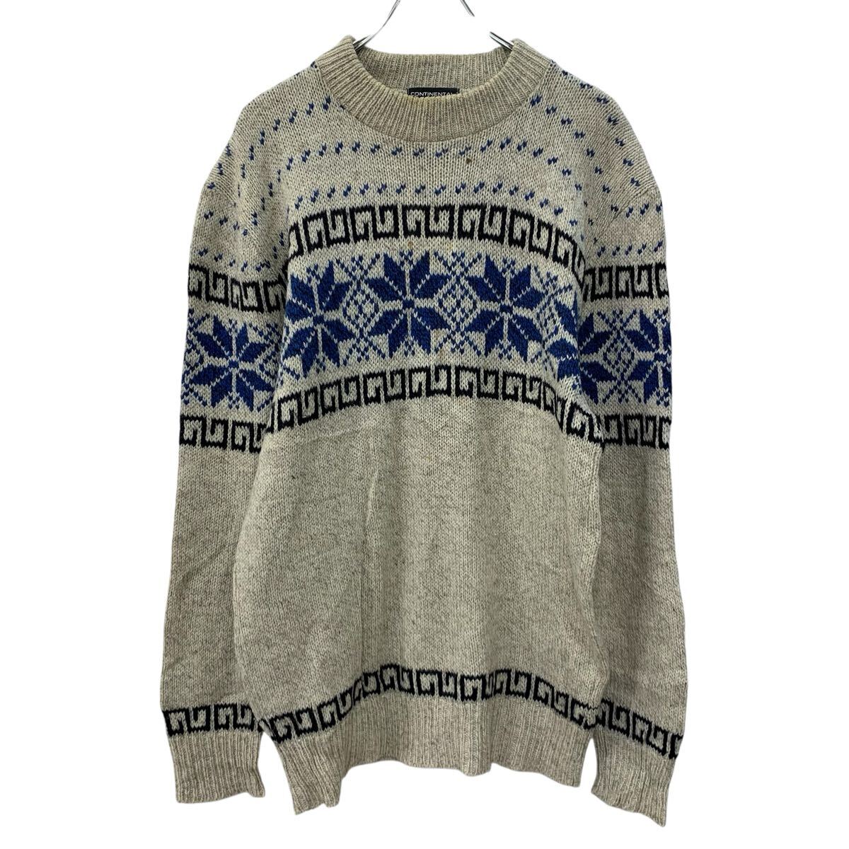 【中古】【古着】 CONTINENTAL コットンニット セーター L ベージュ マルチカラー プルオーバー モックネック ノルディック柄 アメリカ製 秋物 a710-6768