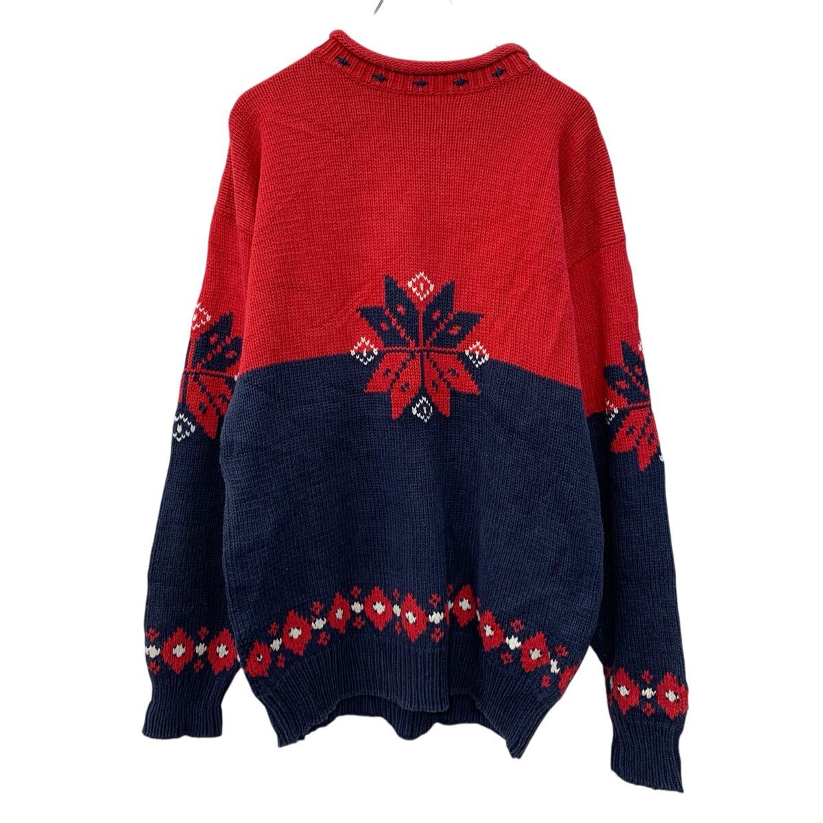 【中古】【古着】 GAP コットンニット セーター L レッド ネイビー ギャップ プルオーバー モックネック ノルディック柄 コットン100% 秋物 a710-6769