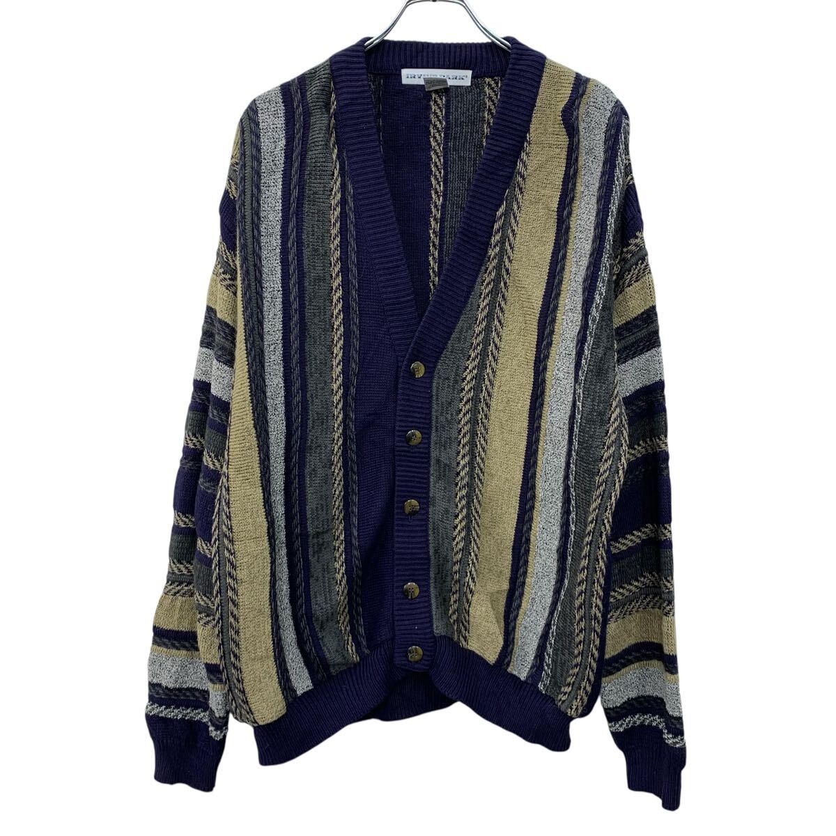 【中古】【古着】 IRVINE PARK アクリルニット カーディガン L ネイビー マルチカラー ボーダーカーディガン ボタン 総柄ニット カジュアル 秋物 a710-6771