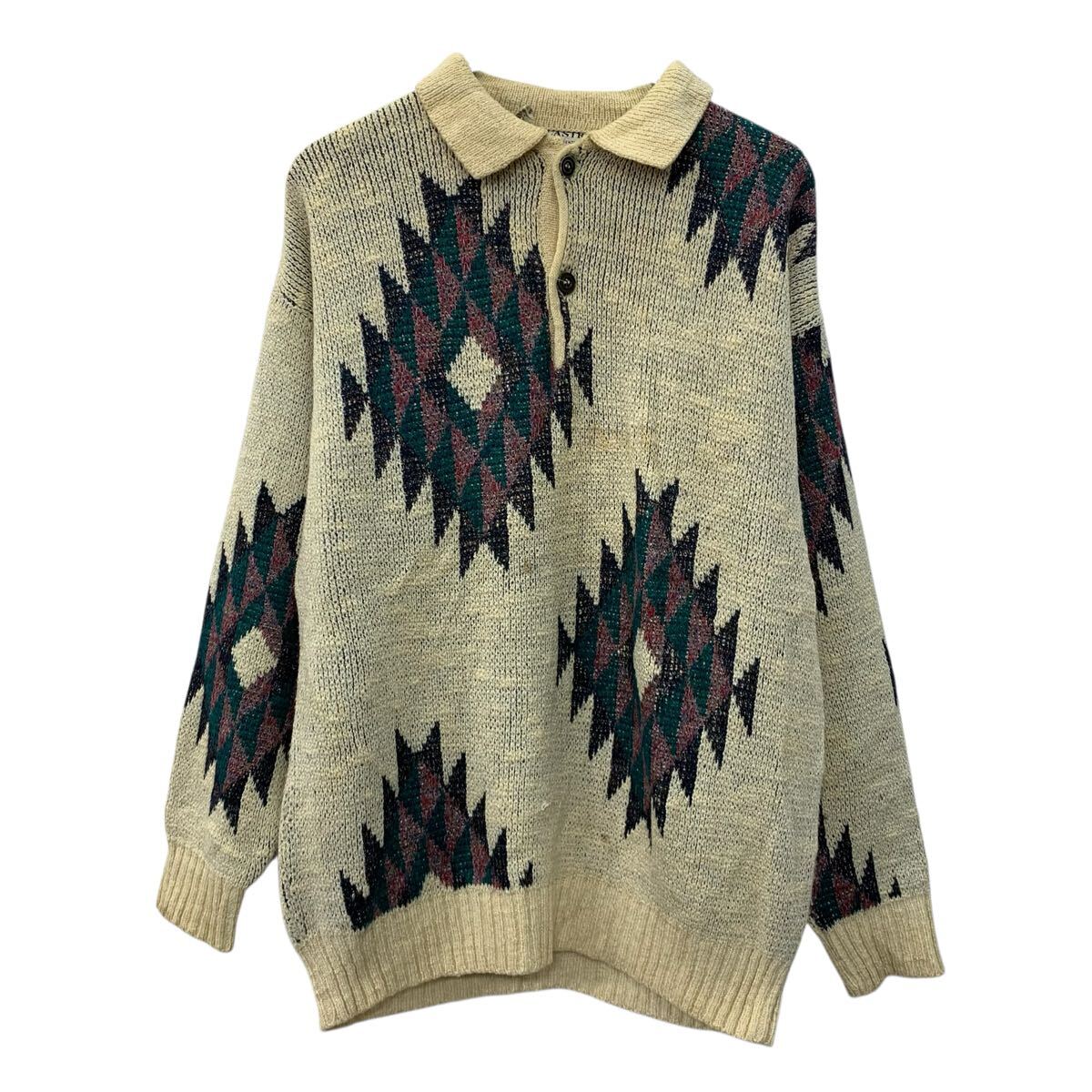【中古】【古着】 CASTRI FIRENZE ウールニット セーター L アイボリー マルチカラー ハーフボタン アクリルニット 総柄セーター チマヨ柄 秋物 a710-6772