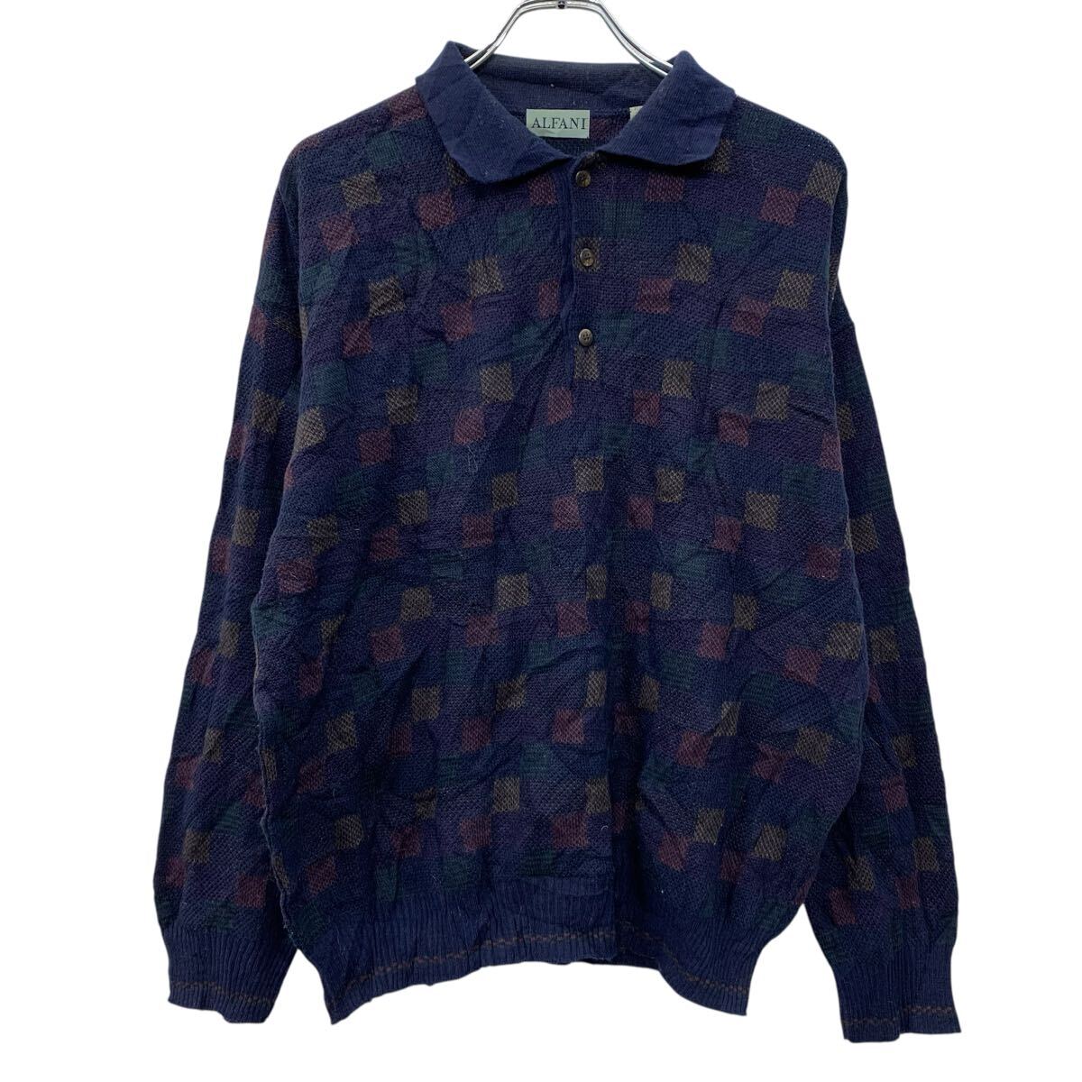 【中古】【古着】 ALFANI アクリルニット セーター L ネイビー マルチカラー ハーフボタン ボタン 総柄ニット チェックセーター 総柄 秋物 a710-6773