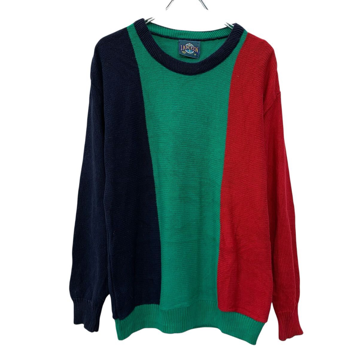【中古】【古着】 Jantzen コットンニット セーター M グリーン マルチカラー ジャンセン プルオーバー アメリカ製 モックネック ストライプ 秋物 a710-6774