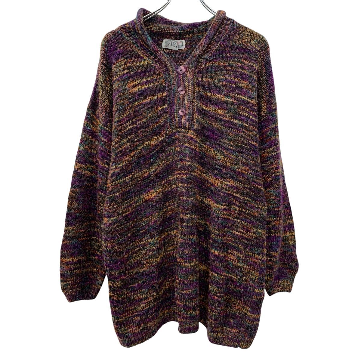【中古】【古着】 A LITTLE EXTRA SPICE アクリルニット セーター L パープル マルチカラー ハーフボタ..