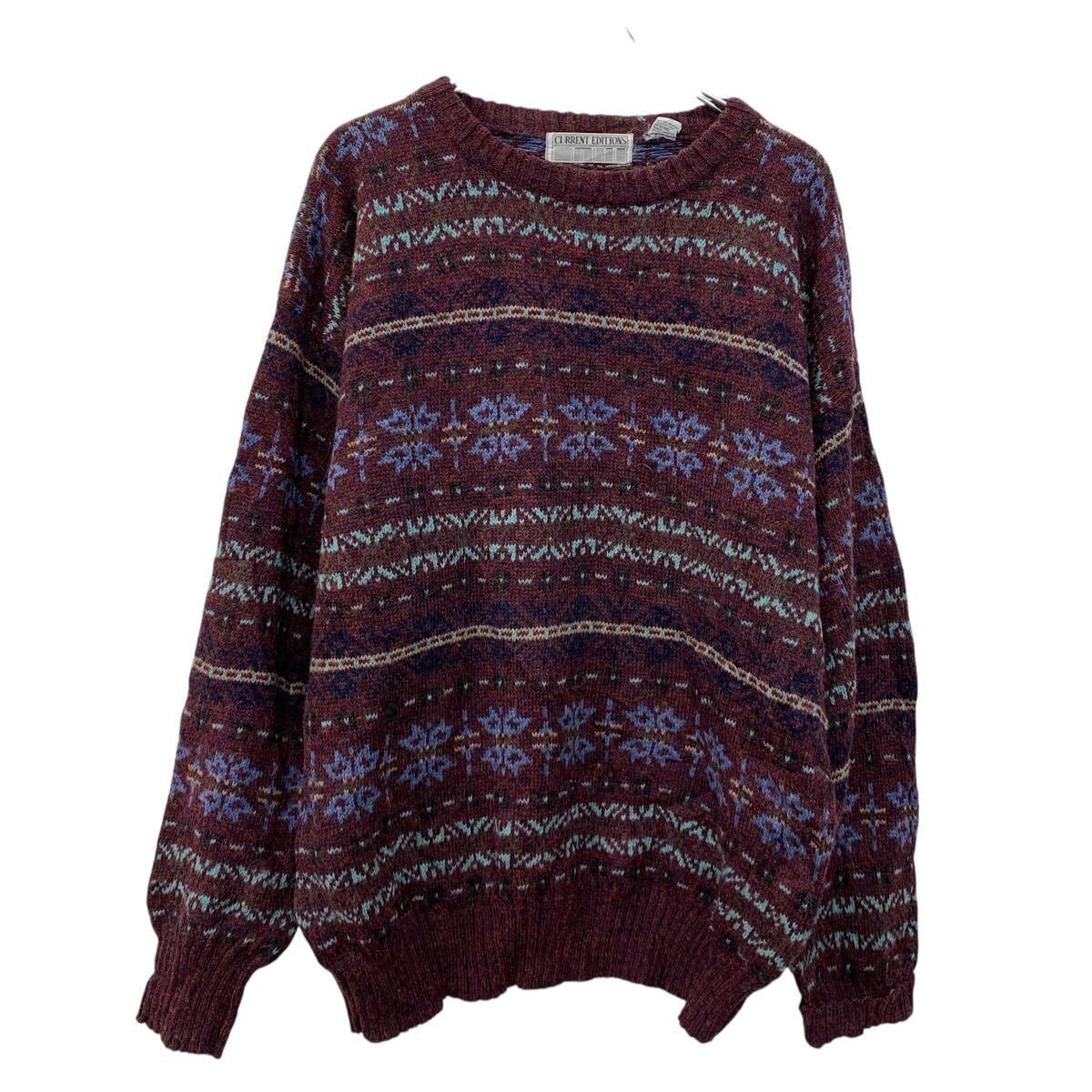 【中古】【古着】 CURRENT EDITIONS XL ウールニット セーター XL エンジ マルチカラー プルオーバー モックネック 総柄ニットセーター 秋物 a710-6776