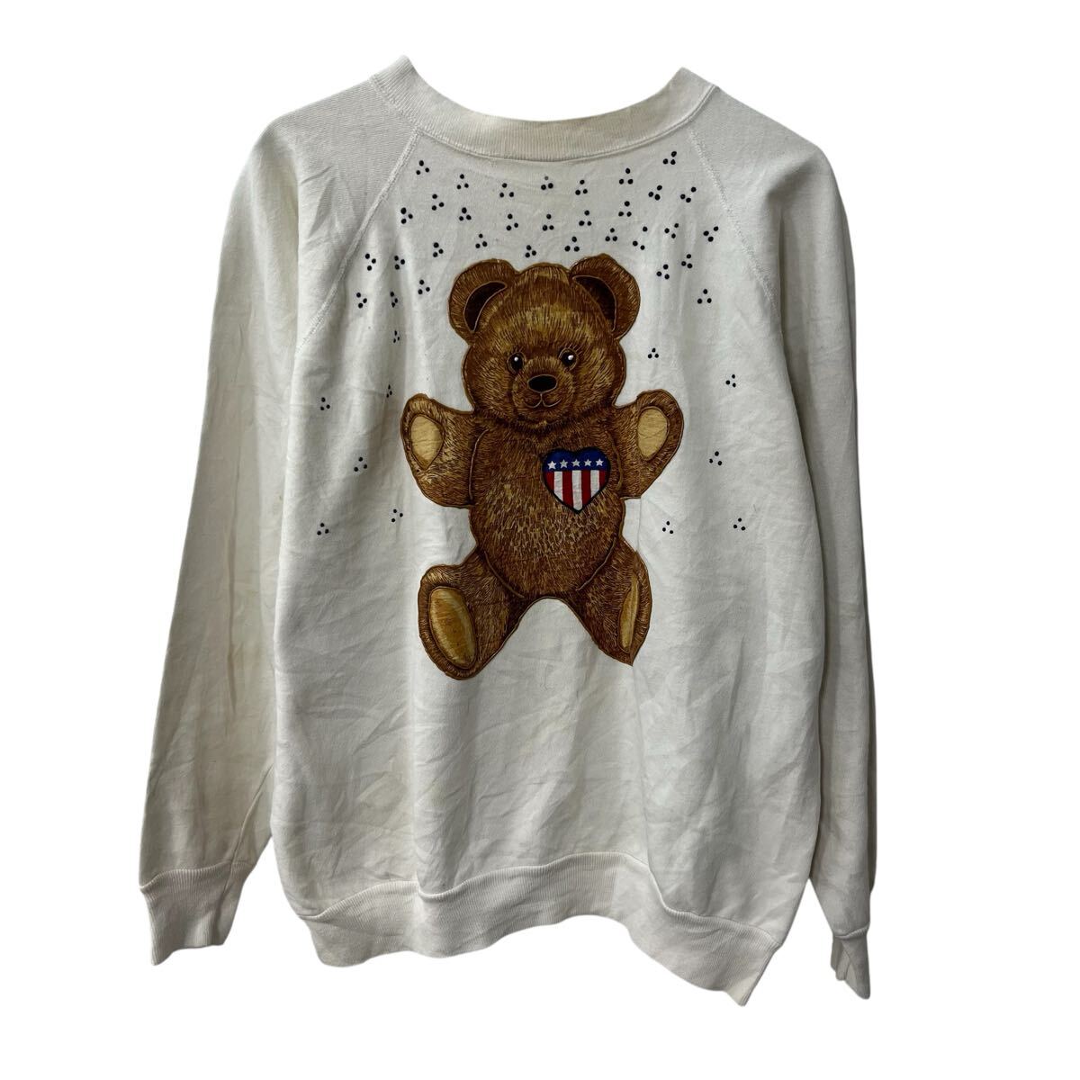 【中古】【古着】 プリントスウェット トレーナー M〜 ホワイト 裏起毛 ラグラン プルオーバー アニマ..