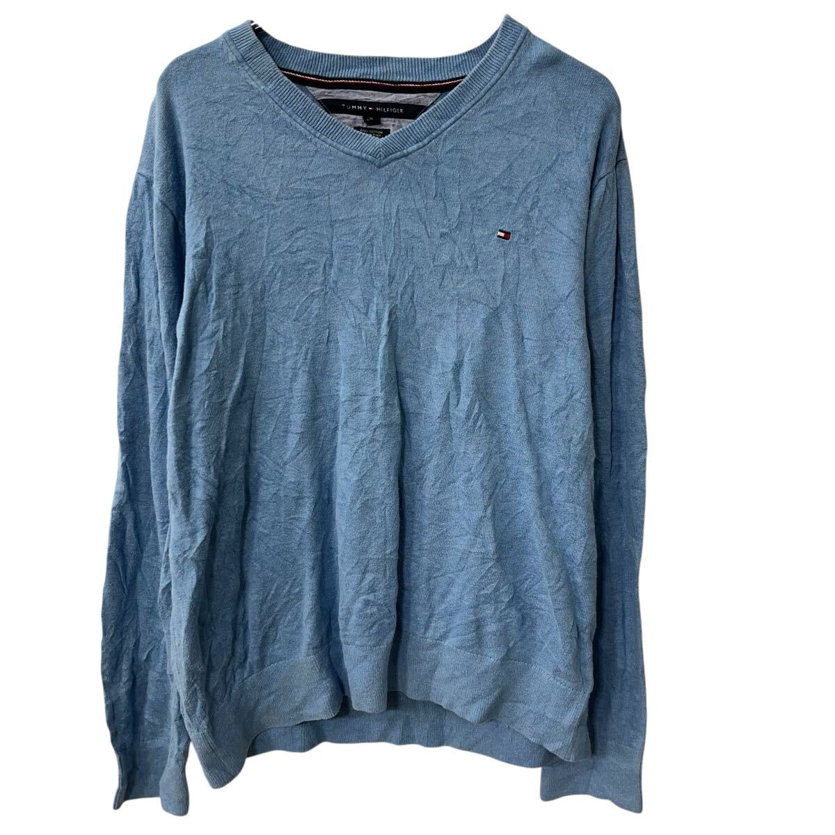 【中古】【古着】 TOMMY HILFIGER コットンニット セーター XL ライトブルー トミーヒルフィガー コットン100% プルオーバー シンプル 秋物 a710-6842
