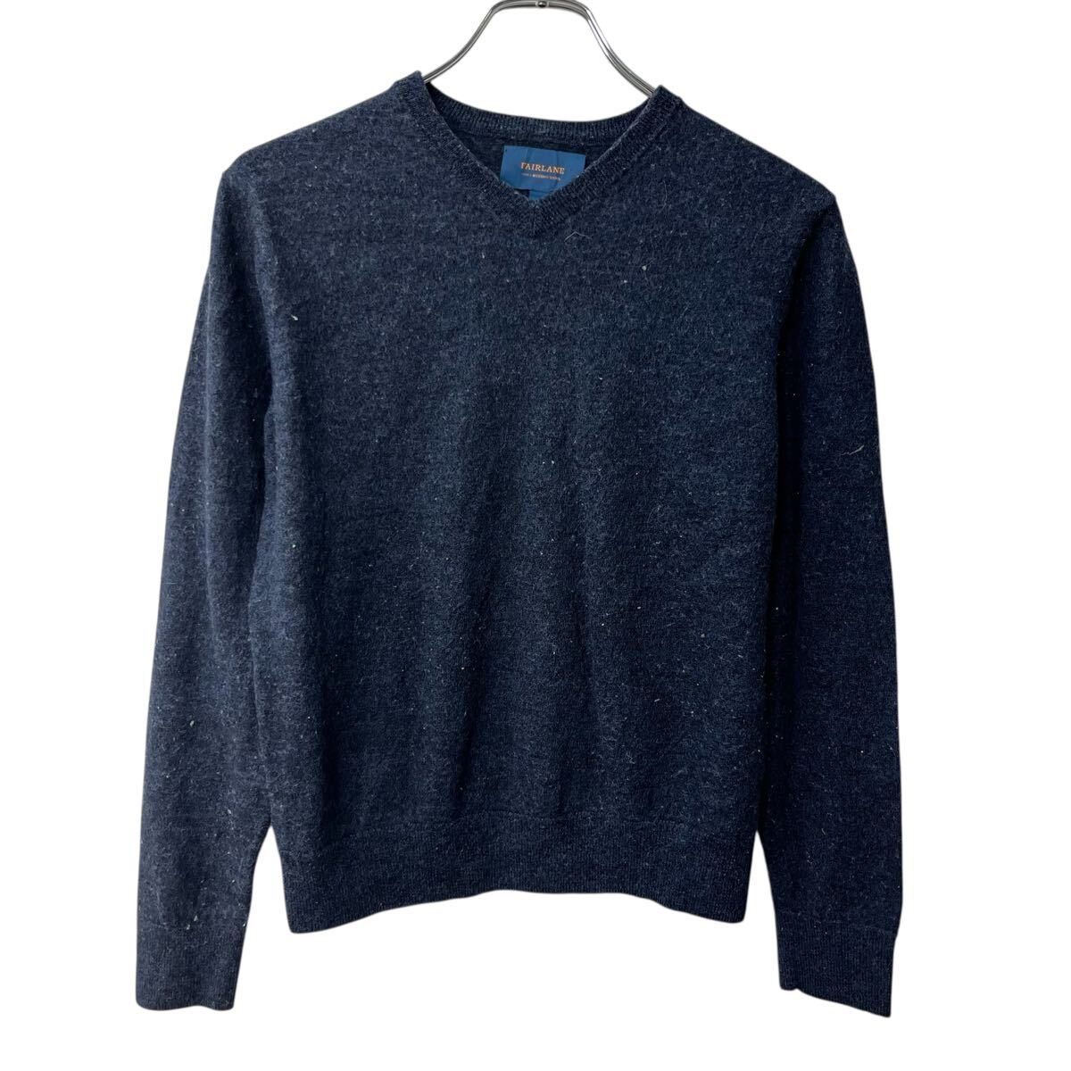 【中古】【古着】 FAIRLANE ウールニット セーター M ネイビー ウール100% 無地 Vネック プルオーバー トップス 秋物 a710-6850