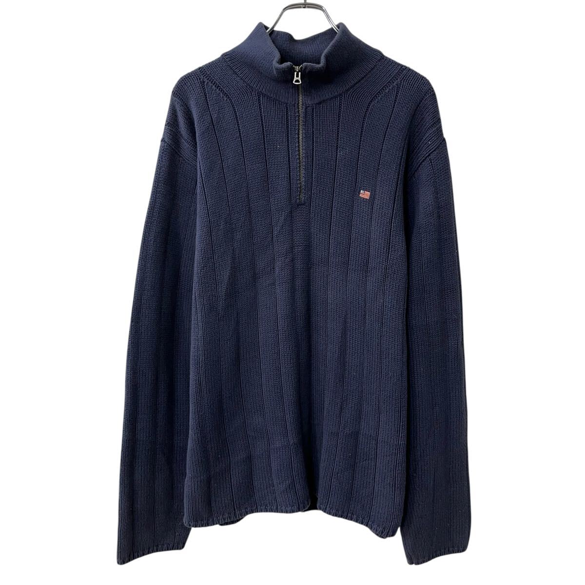 【中古】【古着】 POLO JEANS RALPH LAUREN コットンニット セーター L ネイビー ポロジーンズ ラルフローレン コットン ハーフジップ 秋物 a710-6866